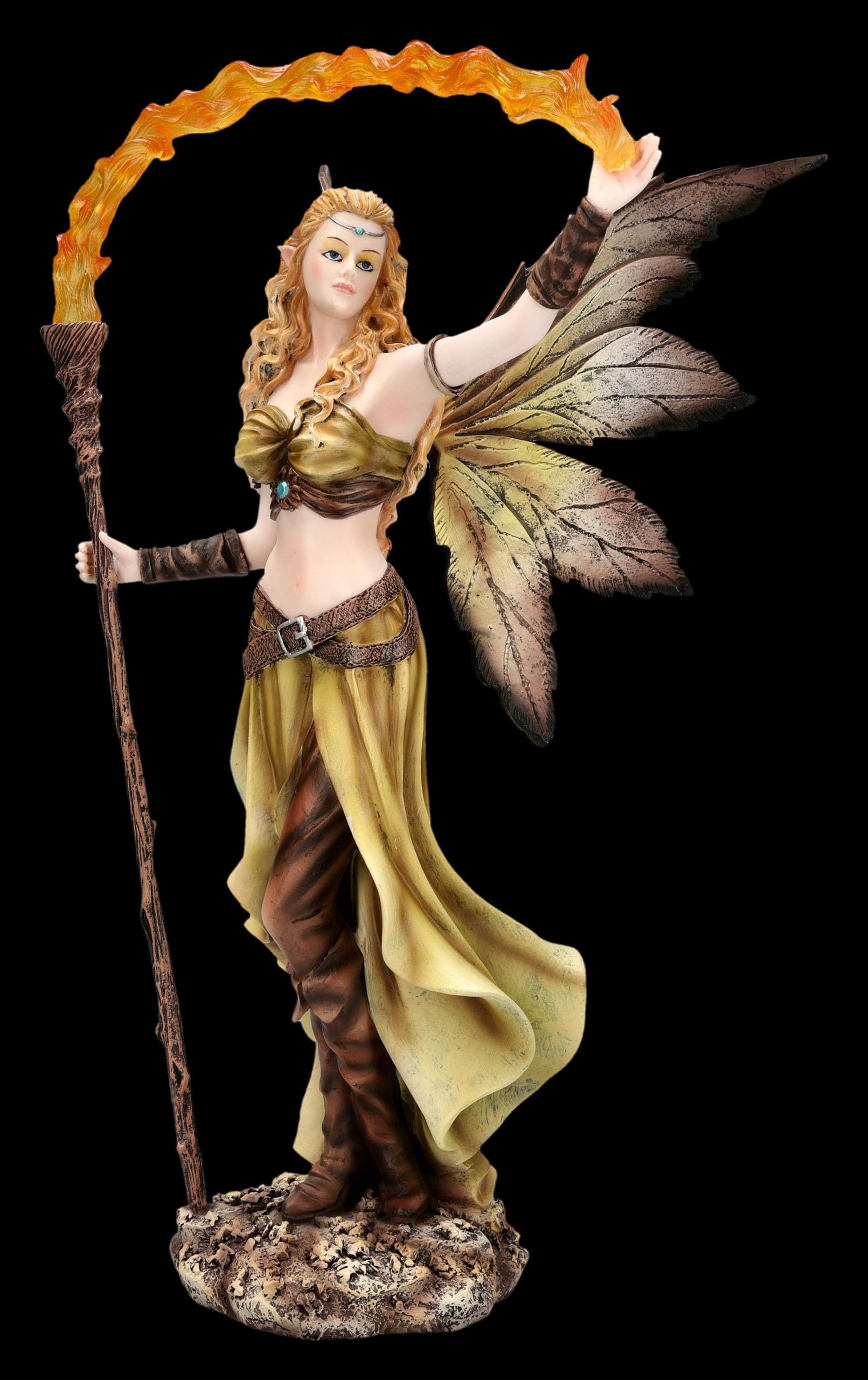 Figuren Shop GmbH Elfenfigur Waldelfe mit Feuerstab – handbemalte Fantasy-Deko (36,5 cm) – Tales of Aurelion Collection – Magische Geschenkidee für Jahreszeitenfreunde & Fantasy-Fans