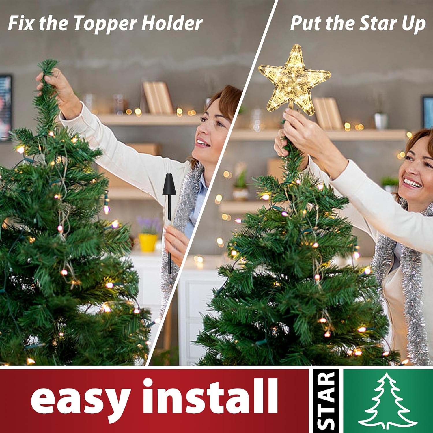 Christmas Tree Topper Star, Lighted Stars Xmas Holiday Decorations Treetopper, 9" Glitter Silver Star with LED Lights, Holder Clips on Artificial Real Trees, New Year Ornaments Classic Large Stars - Image 3