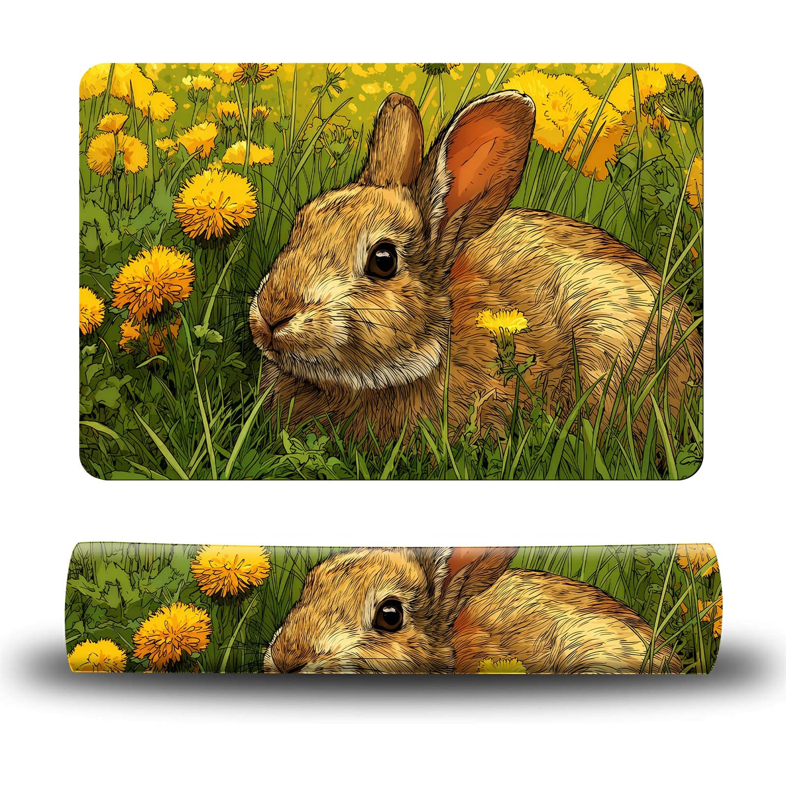 Dikoer Dog Food Mat, 15.7" x 23.6" Absorbent Pet Feeding Mat for Food and Water, Waterproof Diatom Mud Pet Placemat with Non-Slip Rubber Backing, Cat Bowl Mat for Floors - Yellow Flower Rabbit