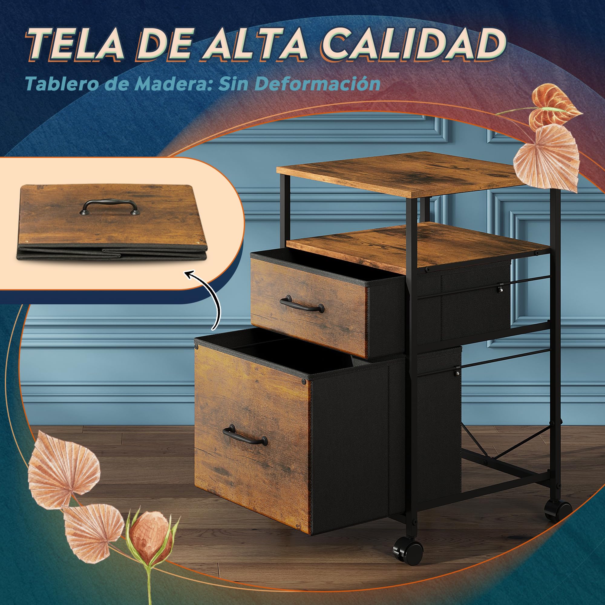 DEVAISE Carro Archivo 2 Cajones con Estantería Abierta, Organizador Oficina Móvil para A4/Carta bajo Escritorio, Madera Rústica