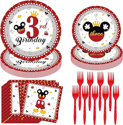 Suministros para fiesta de cumpleaños de ratón 96 unidades, platos de ratón y tenedores para servilletas con temática de Mickey Mouse para fiesta de