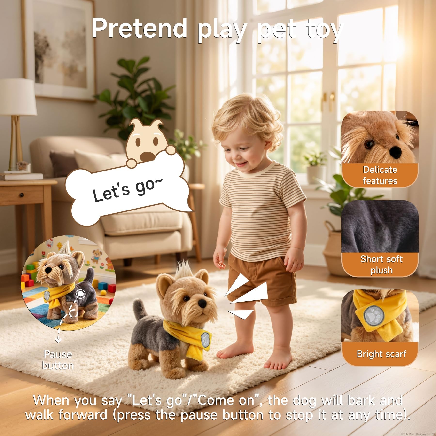 TUMAMA KIDS Perrito de Peluche Que Camina, Perro Interactivo | Juguete electrónico que canta, ladra y mueve la cola; peluche con control por voz – Juguete para niños y niñas