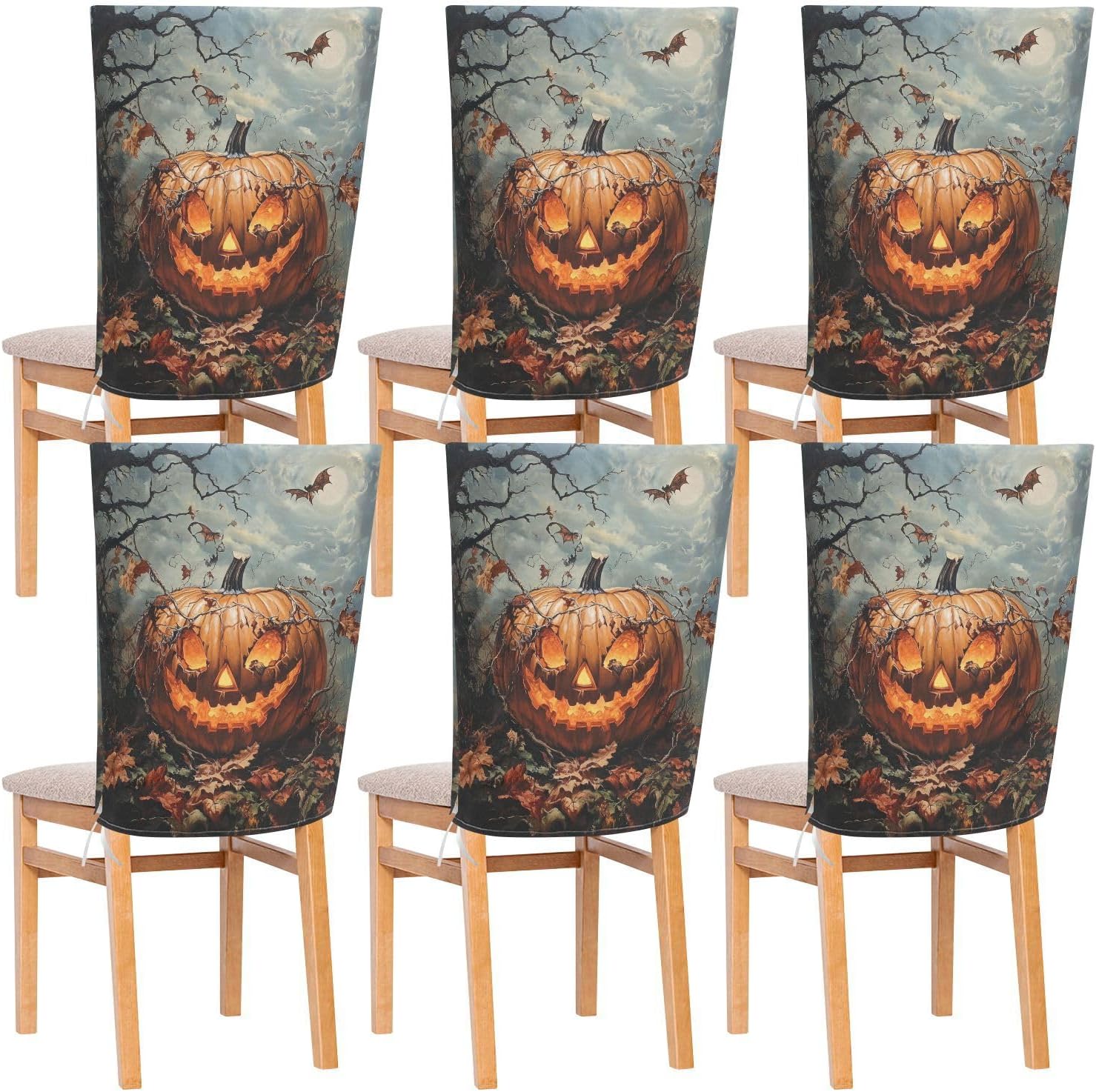 ALAZA Halloween Pumpkin and Leaves Chair Back Cover Set of 6, Washable Reusable Removable Chair Slipcovers Decorative Chair Cover for Home Kitchen Wedding Party