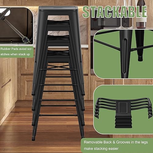 Miniatura 7 de Yongchuang Juego de 4 taburetes de bar de metal, taburetes de bar negros de 24 pulgadas con respaldo de cocina, sillas de bar de altura para Negro