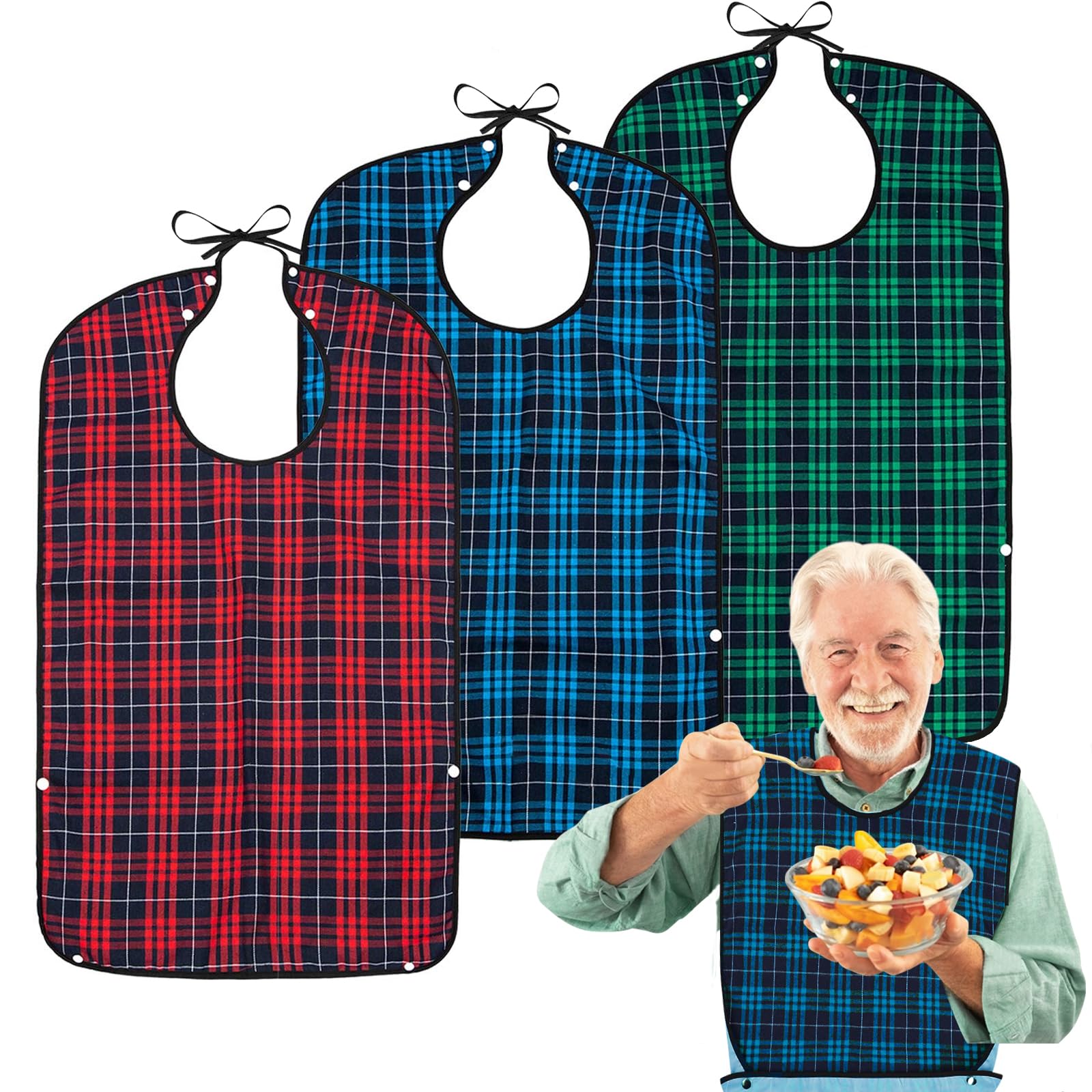 WenYa 3 Pack Adult Bibs for Elderly Washable, Feeding Adult Bib with Crumb Catcher Waterproof Clothing Protectors for Elderly and Disabled for Christmas New Year Party Supplies Festive Holiday Gifts