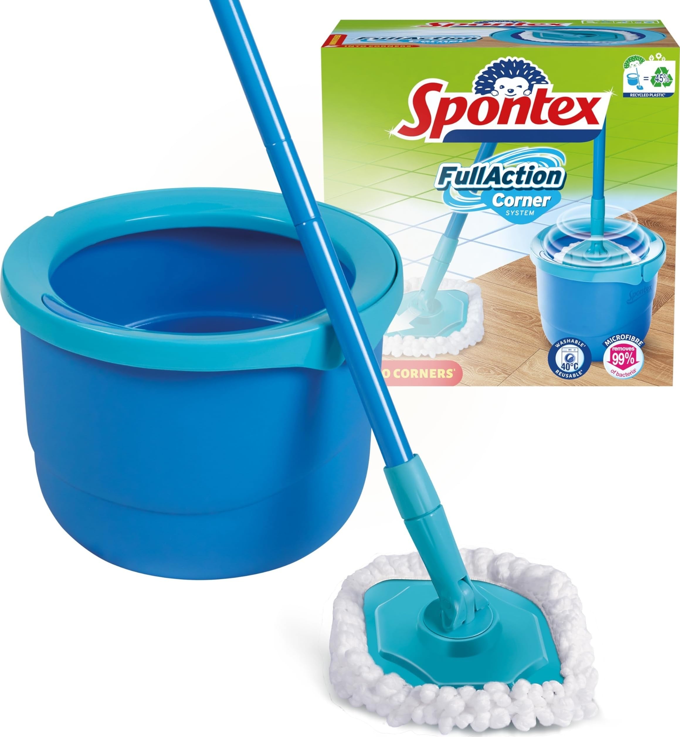 Spontex Full Action Corner set de cubo y fregona/mopa giratoria | Llega a todos los rincones | Fácil sistema de escurrido y aclarado con giro de 360° | Limpia suelos laminados, de madera y baldosas