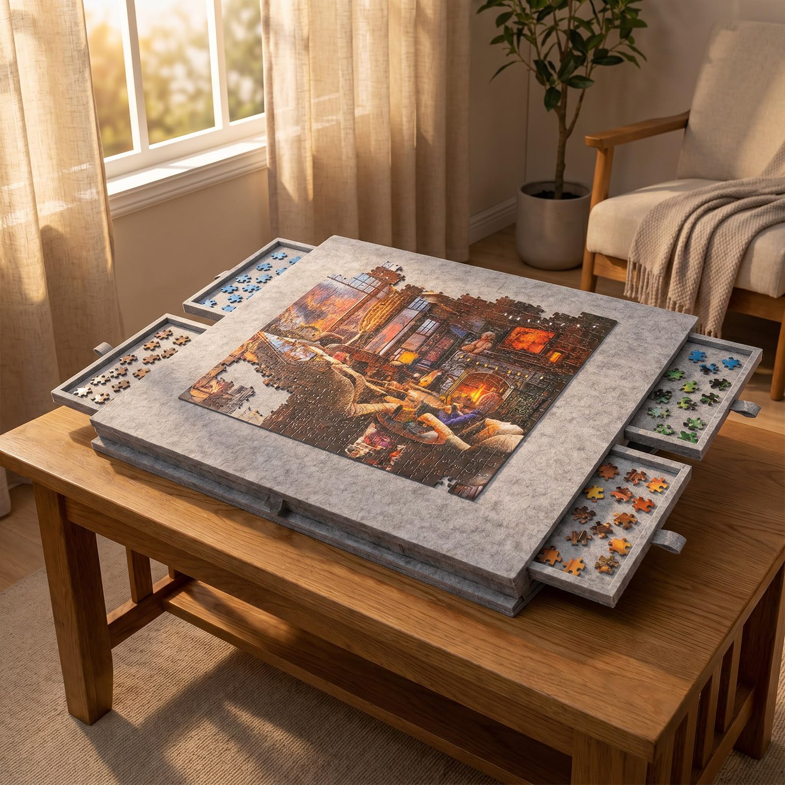 Plateau De Puzzle Inclinable, Table à Puzzle Portable 2-en-1 Avec Support Et Couvercle, équipée De 6 Tiroirs, Plateau En Feutre Léger Pour Adultes Et Enfants, C Light Gray 90 *63*4.2 cm [1500
