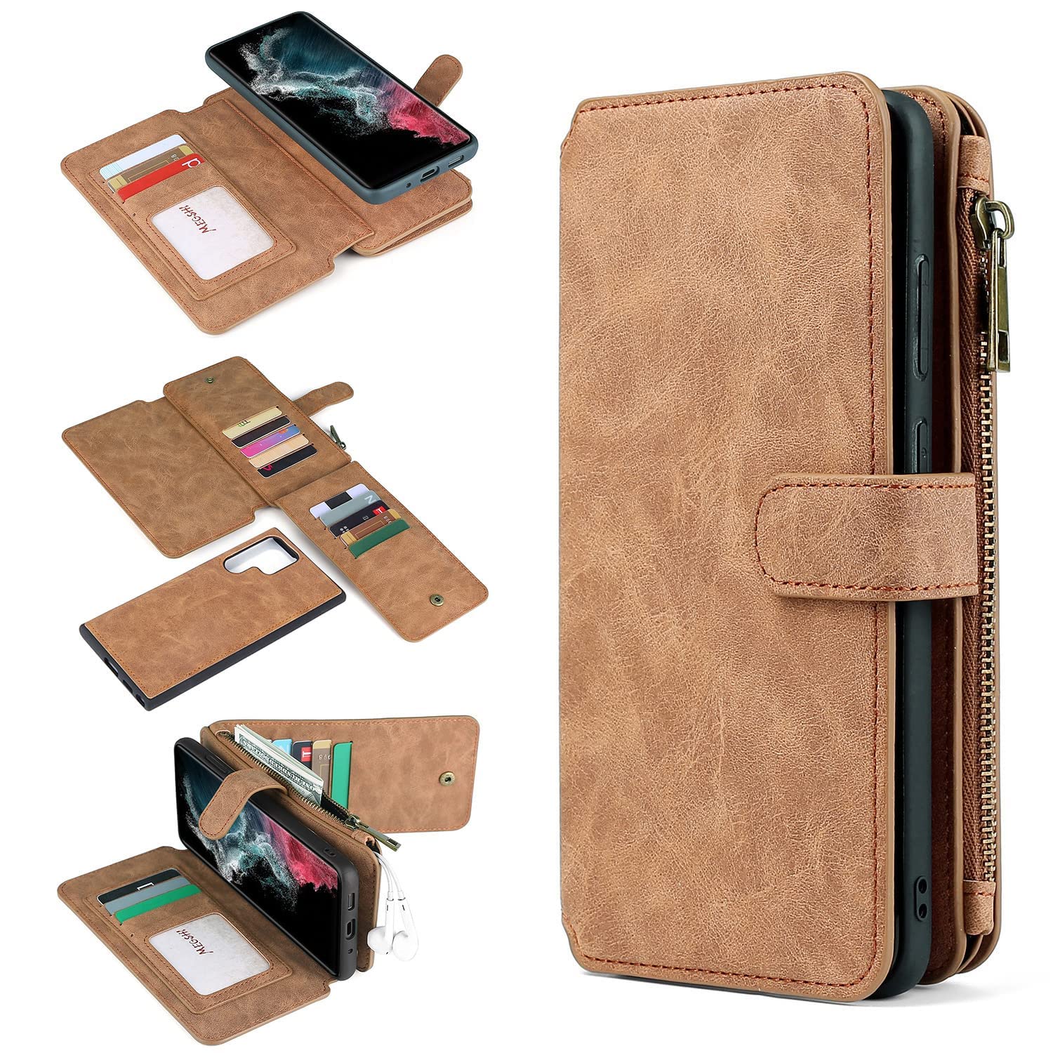 W WINTMINGCompatible with Samsung S23 Ultra Wallet Case 15 Card Holder Magnetic Detachable Flip Leather Case with Stand Multi-Function Protective Cover for Galaxy S23 Ultra(Brown)