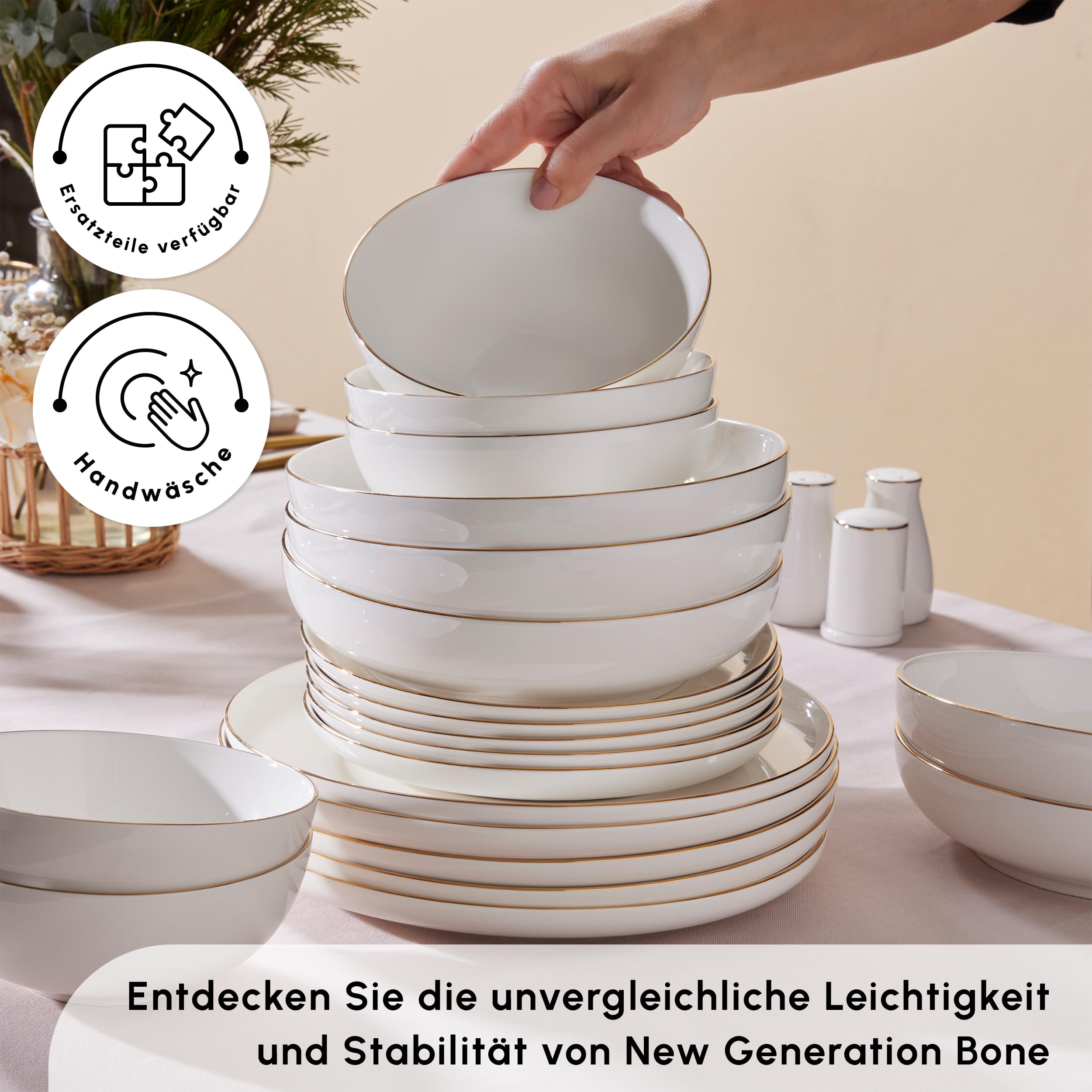Karaca Streamline Favaro Gold 56-teiliges Geschirrset – Elegantes Gold-Akzent New Generation Bone für anspruchsvolle Tischarrangements und vielseitige Verwendung