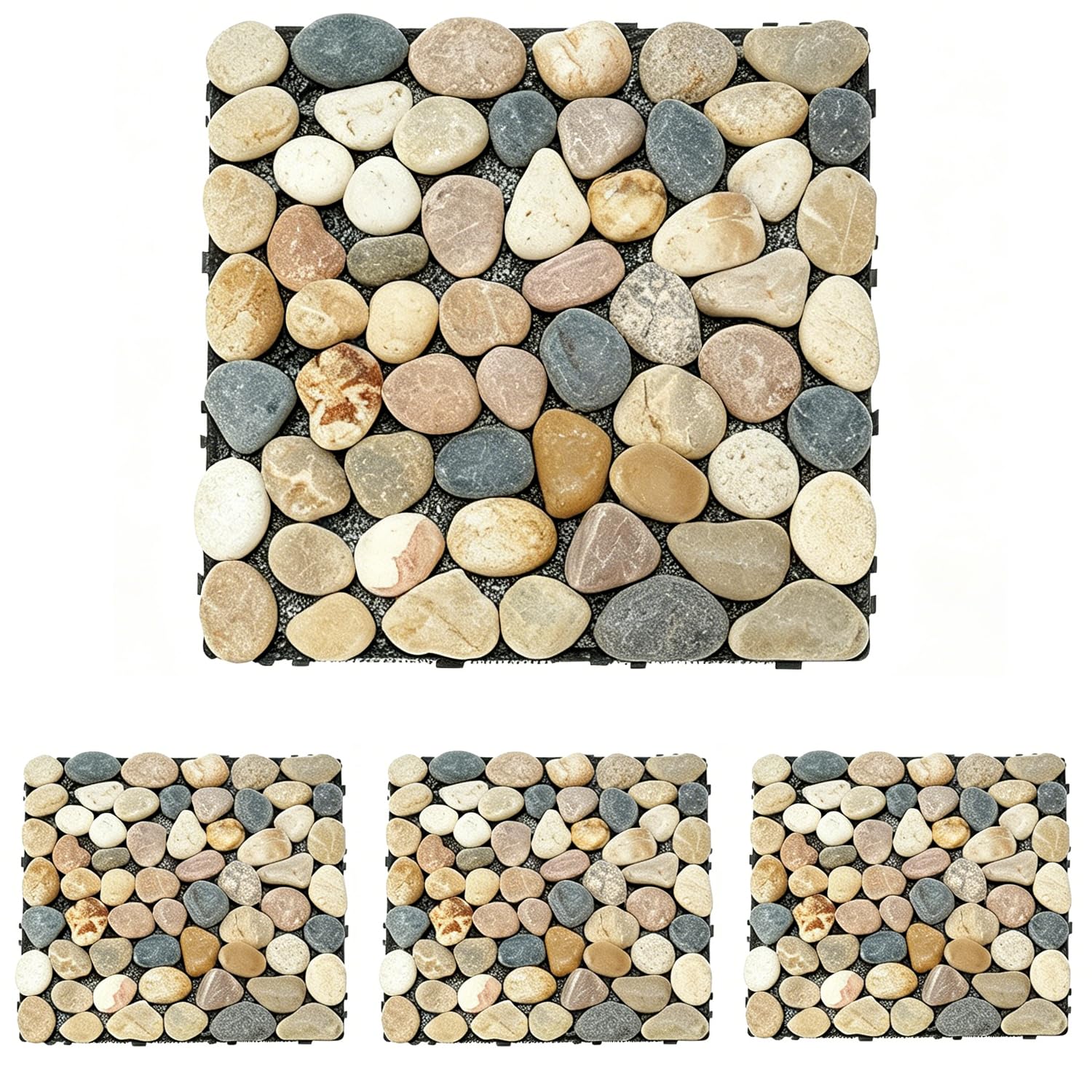 FWTRMRC River Rock Garden Stepping Stones 4Pcs 30 x 30 x 3cm | Outdoor Pathway Tiles Interlocking Paving Tiles Square Pebble Stone Mat for Yard Patio Pathway Landscaping Bearing 200kg
