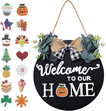 Freewindo Seasonal Interchangeable Welcome Sign for Front Door Decor, Welcome to Our Home Sign with 14 Holiday Pieces, Black, Wood, 12" x 12" x 0.34"