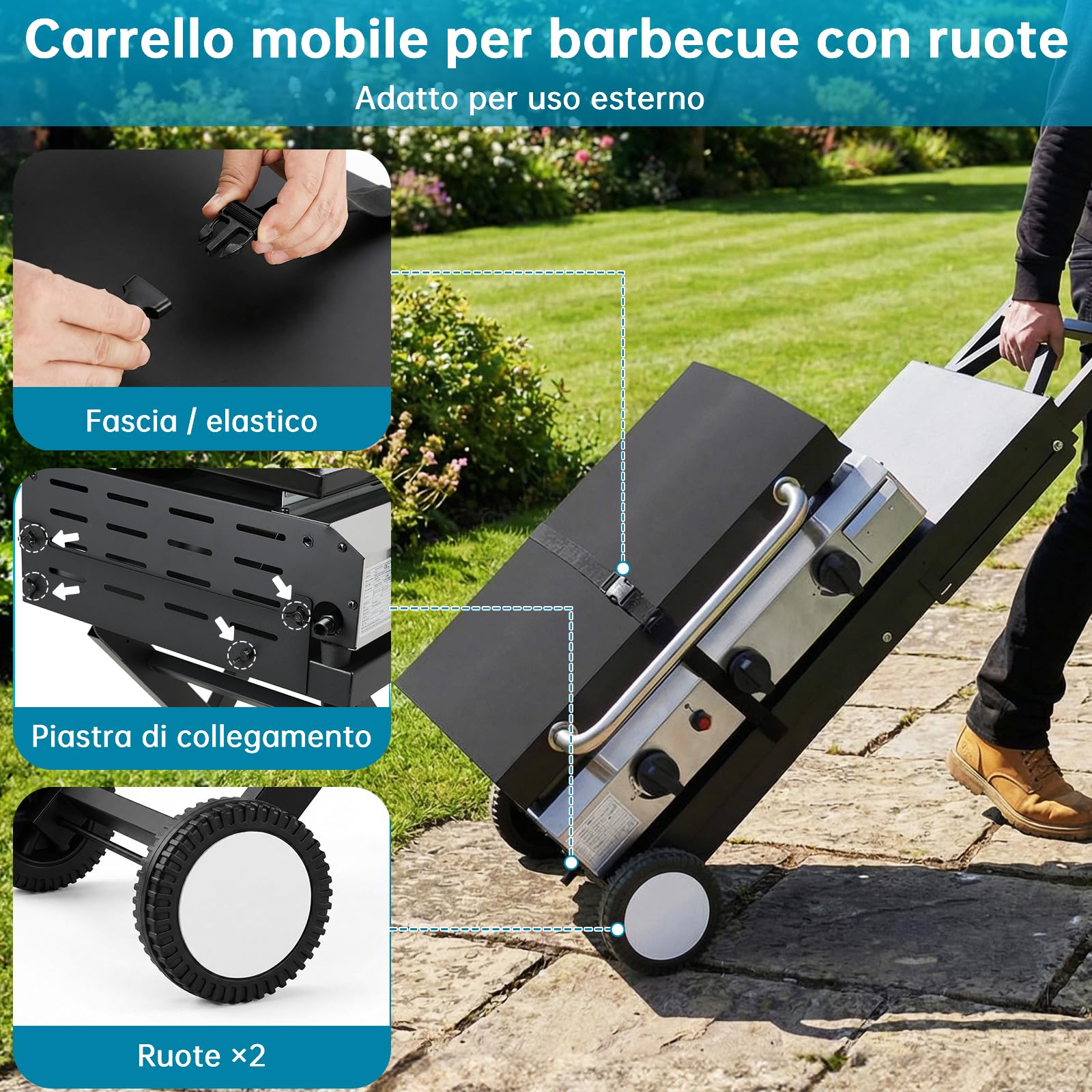 LIFERUN Carrello Barbecue Pieghevole con Ripiano Staccabile, 102x39cm Supporto Portatile con 2 Ruote, Tavolo Stabile per BBQ, per Esterno da Campeggio, Picnic e Giardino, Montaggio Facile, Nero