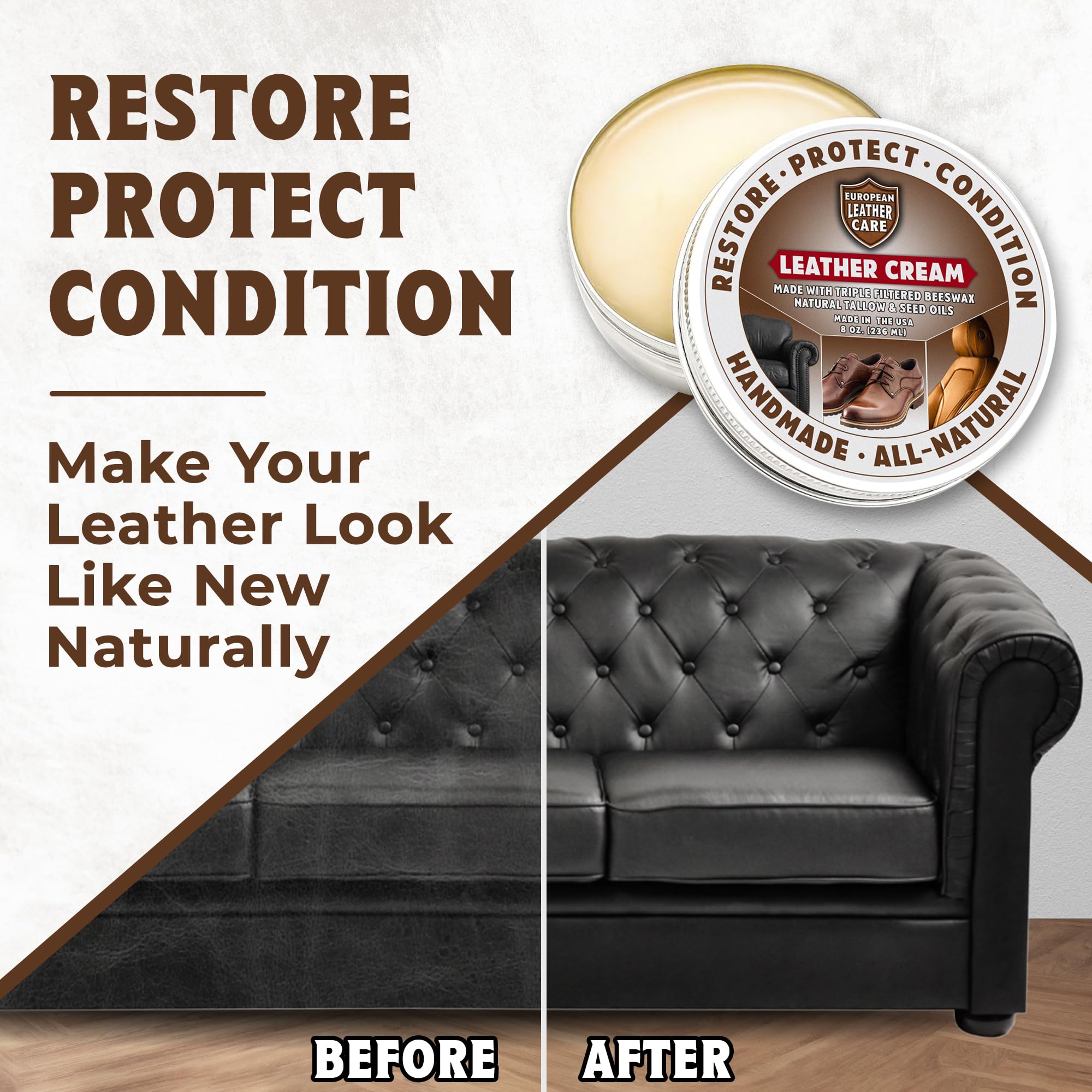 European Leather Care 4 oz Cream Leather Cleaner and Conditioner All Natural Leather Boots Leather Maintenance Cream Leather Conditioner Shoe Polish, Leather Couch, Furniture, Purses, Car, Saddle USA