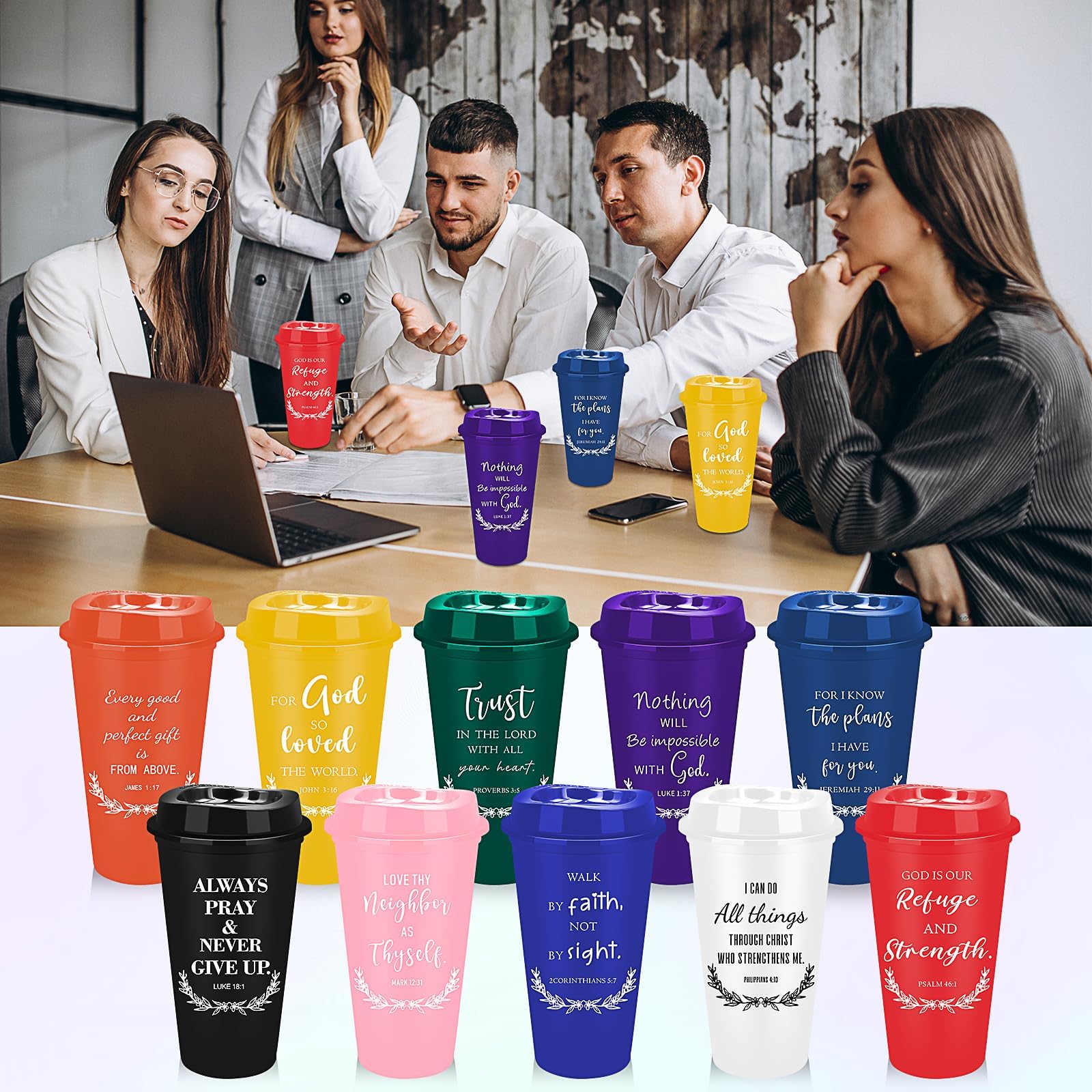 Lot de 40 tasses à café chrétiennes en plastique avec couvercles, 470 ml, réutilisables pour appréciation des employés, verset de la Bible, gobelets à café colorés pour femmes et hommes, cadeaux