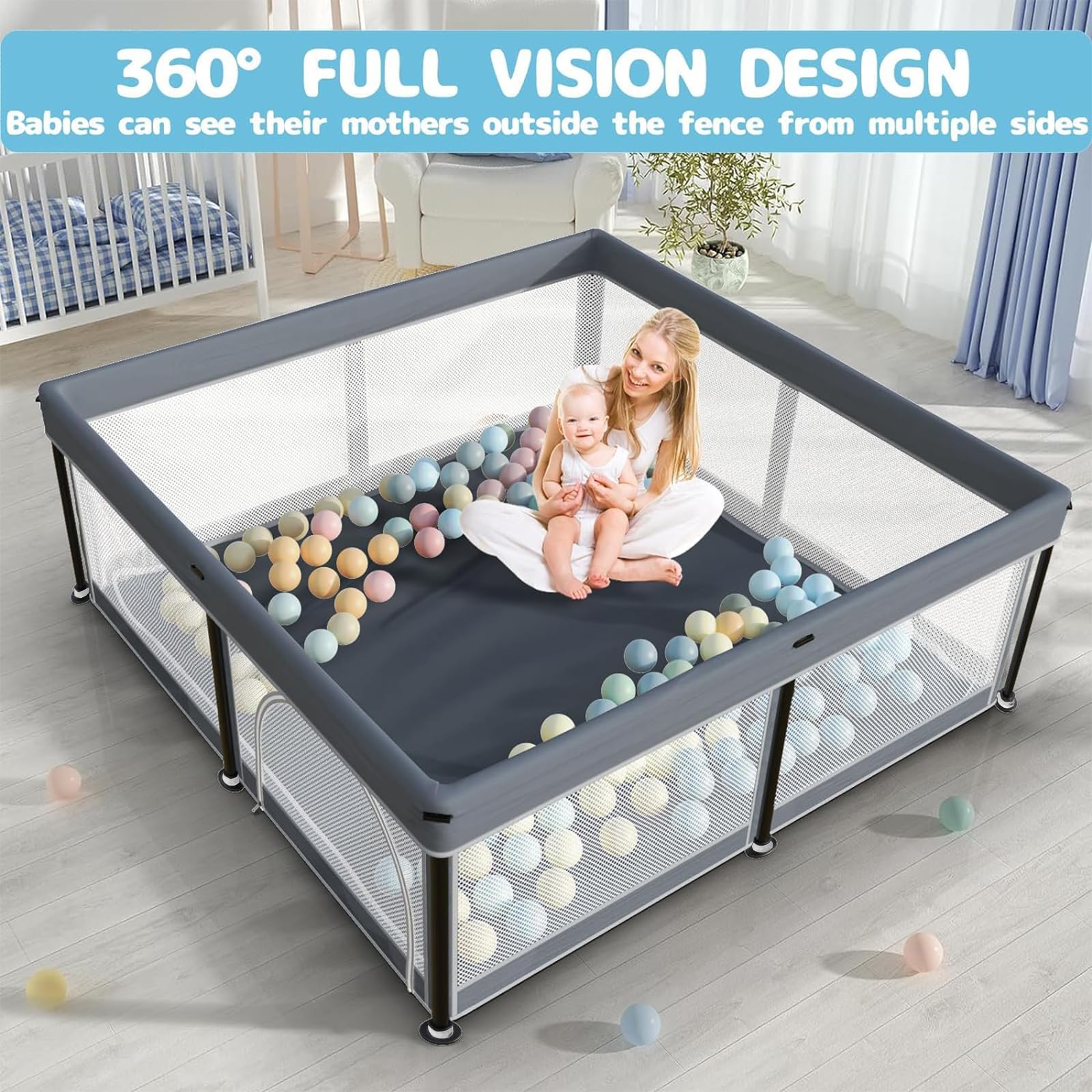 Laufstall Baby mit Matratze, Indoor & Outdoor Laufgitter Baby, Laufstall Baby Faltbar, Laufstall mit 50 Ozeanbällen (Grau, 127 * 127)