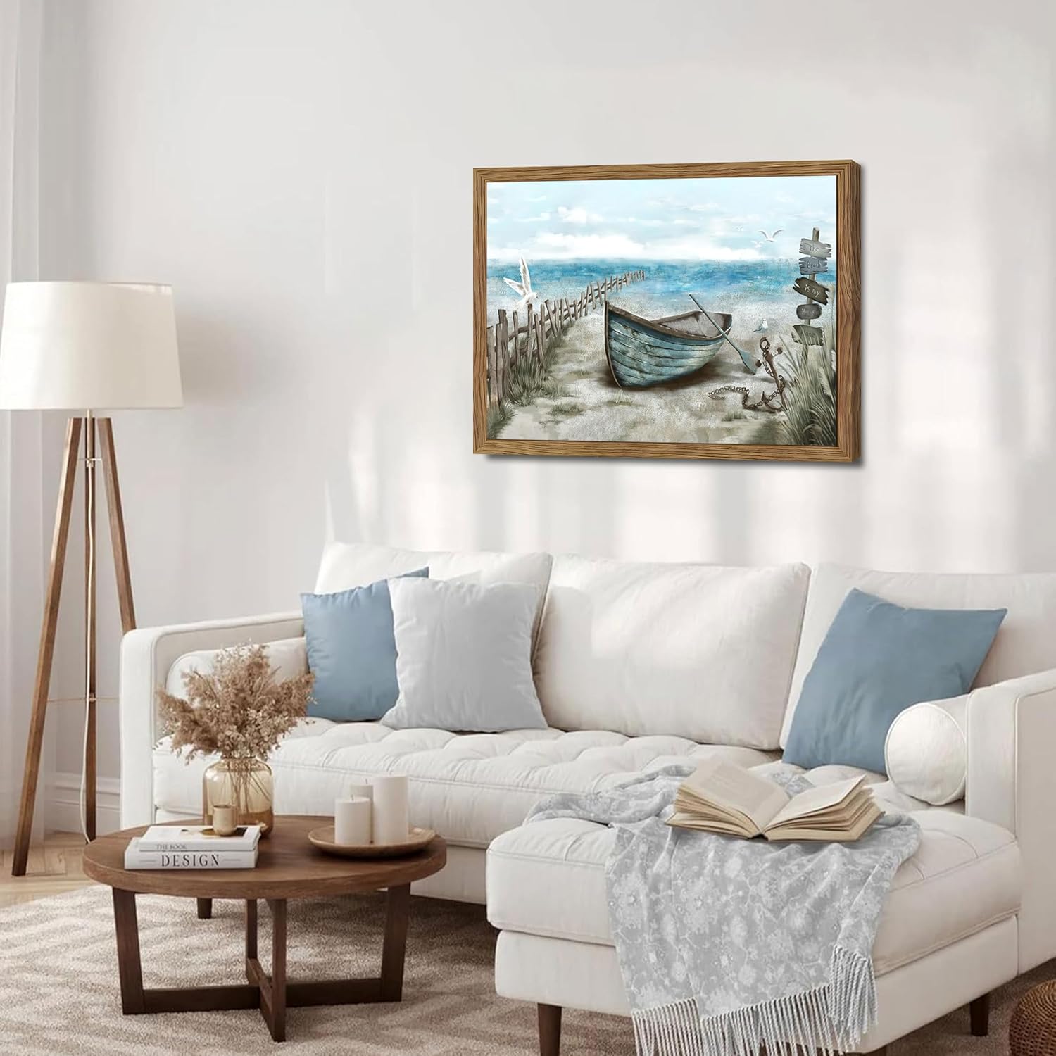 Wood Framed Coastal Bathroom Wall Art, Nautical Beach Canvas Wall Decor Paintings, Ocean Seagull Artwork Posters Prints Pictures for Living Room Bedroom Home Decor 12x16 Inch