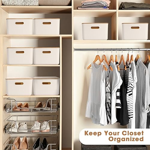 Miniatura 5 de 4 contenedores de almacenamiento con tapas de bambú, contenedores de almacenamiento de plástico, apilables, con asa, para dormitorio, oficina,