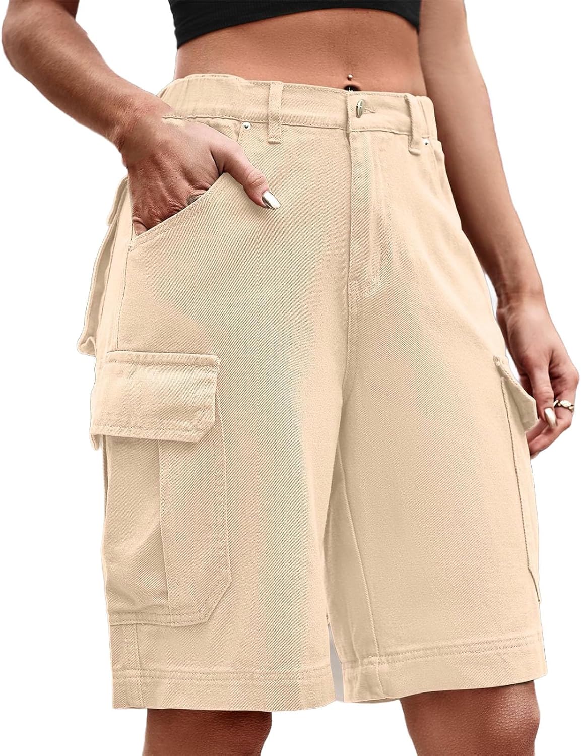 Women's Cargo Denim Shorts Knee Length Summer Baggy Elastic High Waisted Wide Leg Jean Shorts with 4 Pockets 2026