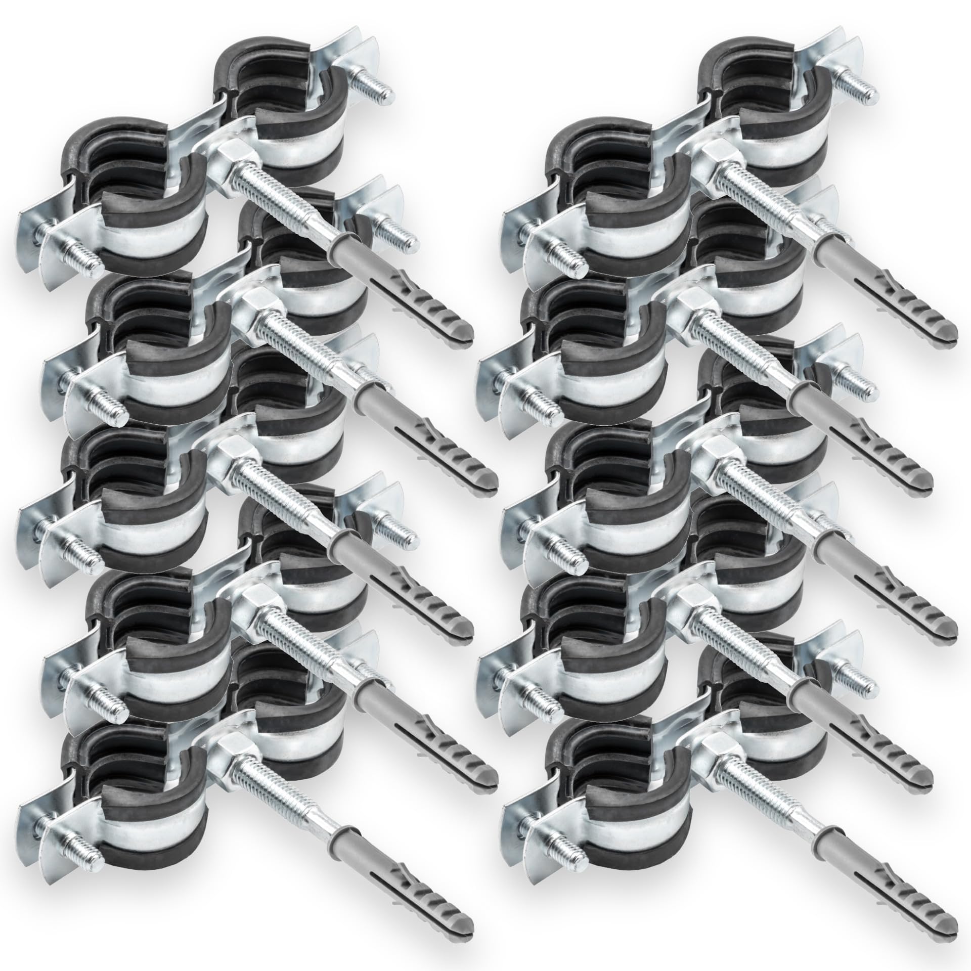 Set 10x Collari Doppi per Tubi + 10x Tasselli + 10x Viti a Legno – Kit di Fissaggio Tubo Facile | Per Installazioni Idrauliche e Riscaldamento – 3/4" 25-31mm