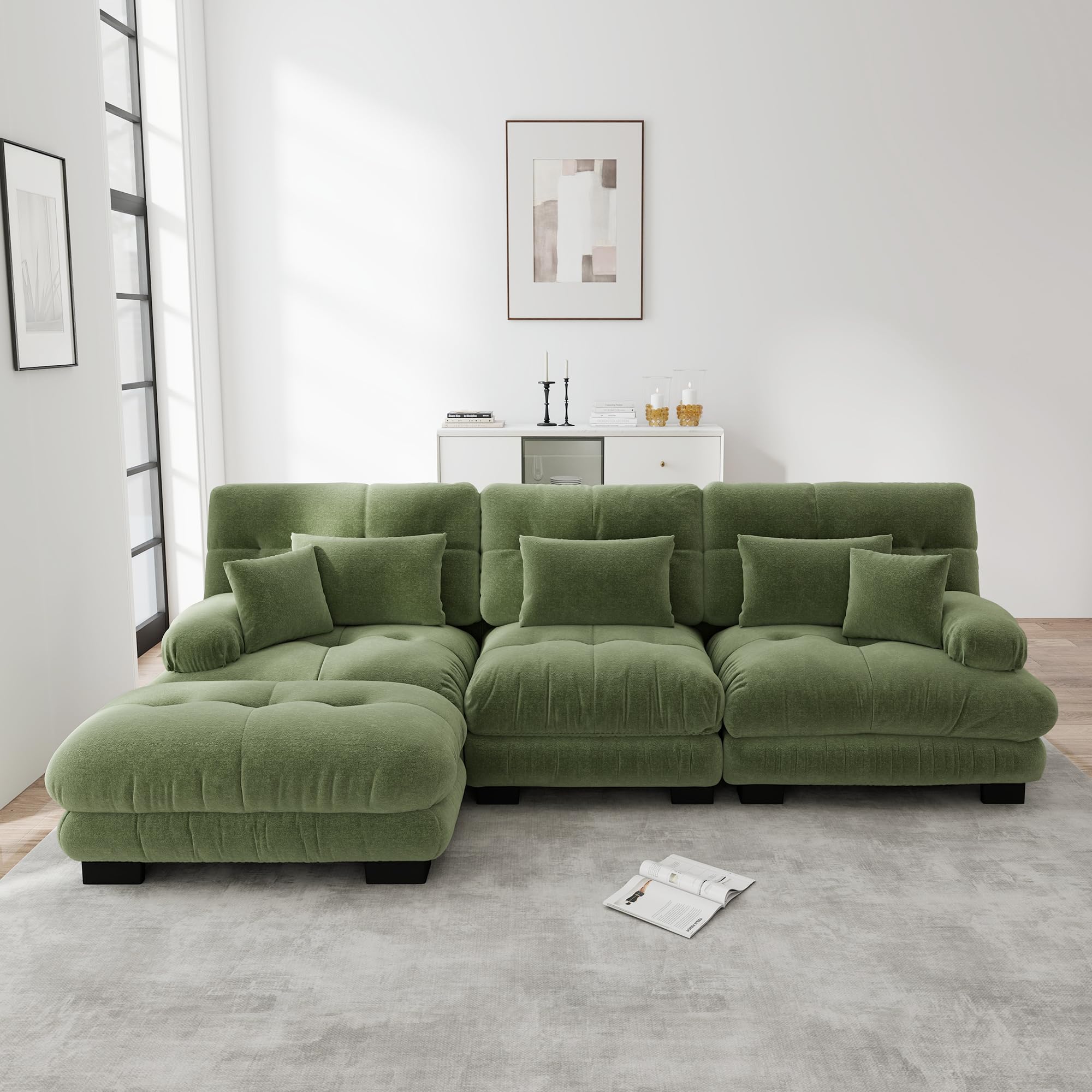 Canapé Modulable 313cm, Canapé 3 Places avec 1 Pouf et Coussins, Structure en Bois Massif, Canapé d'angle Cloud en Chenille, pour Salon et Appartement