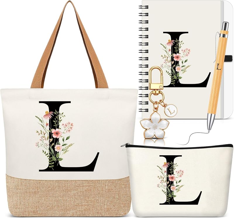 Talltalk Conjunto com 5 Peças com Inicial L: Necessaire, Bolsa Tote, Chaveiro, Caderno e Caneta