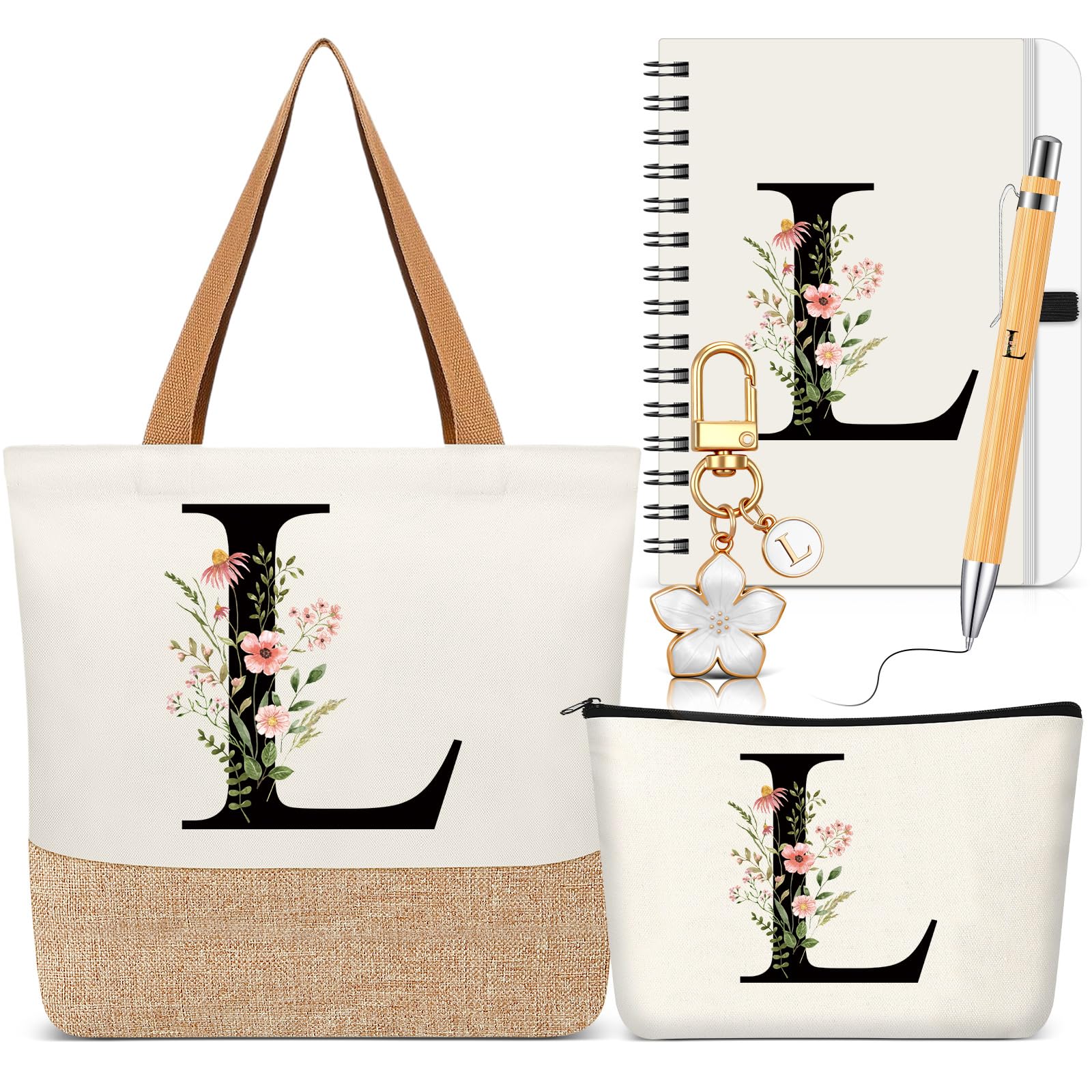 Hestya 5 Pcs Initial Tote Bag Gift Set, Makeup Bag + Shoulder Bags + Keyring + Notebook + Ballpoint Pen, Alphabet Theme Practical Gift for School Birthday Christmas(White,Letter L)