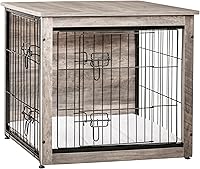 DWANTON Dog Crate Furniture with Cushion, Stylish Wooden Kennel End Table, Double Doors for Small/Medium Dogs, 27.2" Greige