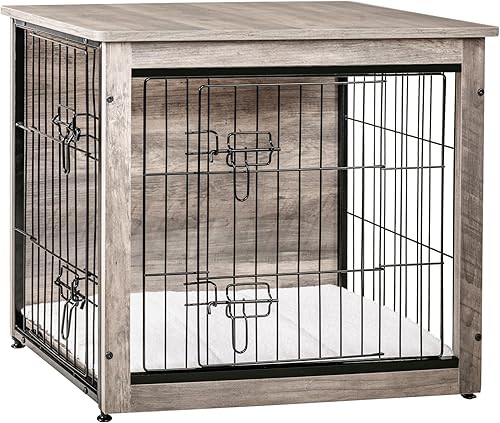 Vista 196 de DWANTON Mueble de jaula para perros con cojín, caja de madera para perros con puertas dobles, muebles para perros, perrera de interior, mesa Negro