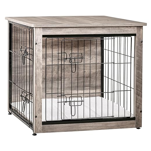 DWANTON Dog Crate Furniture with Cushion, Wooden Kennel Table with Double Doors, Indoor Dog House, Small/Medium/Large/Extra Large Size, 27.2" L, Greige
