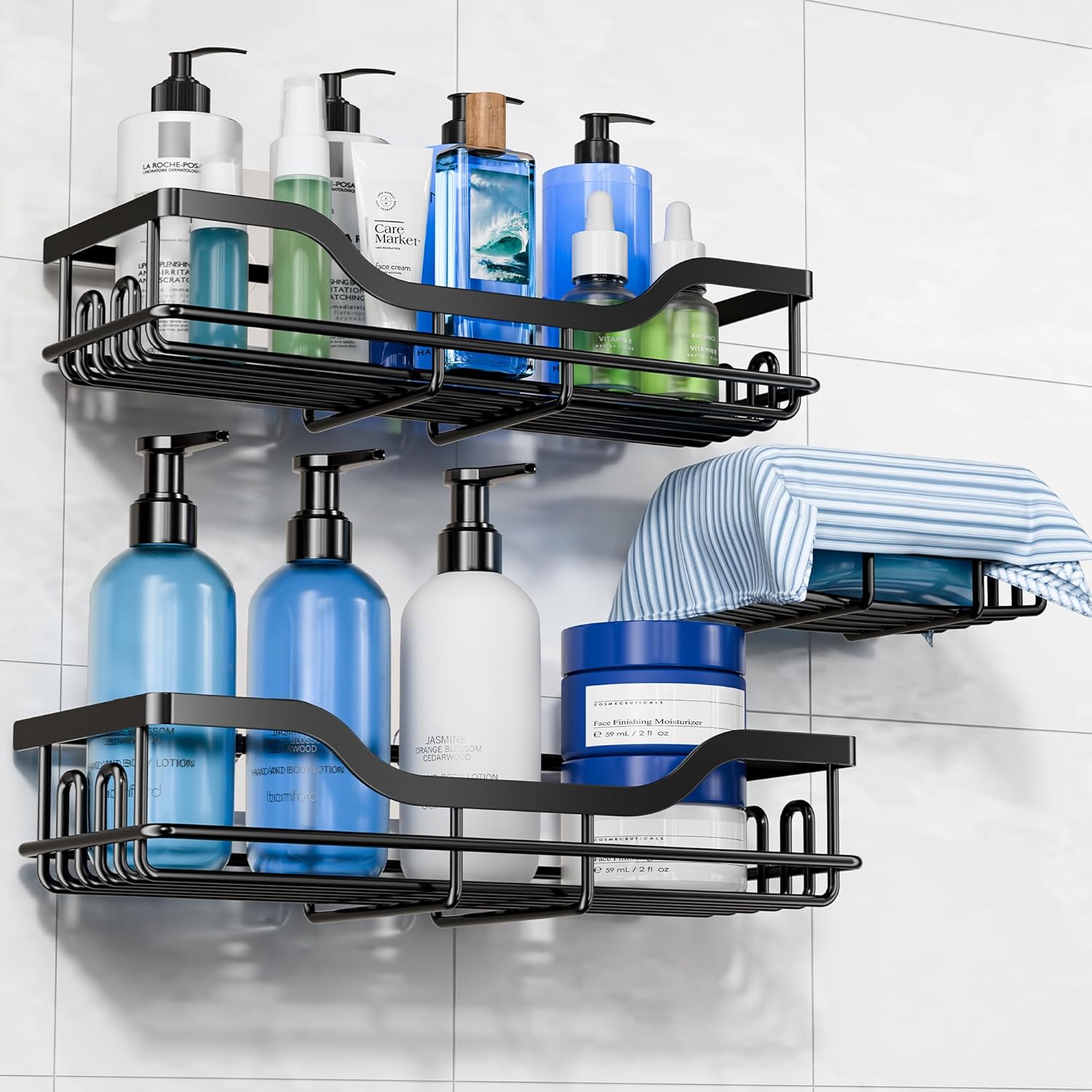 OMAIRA 3-Pack Shower Caddy with Soap Holder Adhesive Rustproof No-drill Strudy Loading Inside Shower Organizer Shelves Rack Storage