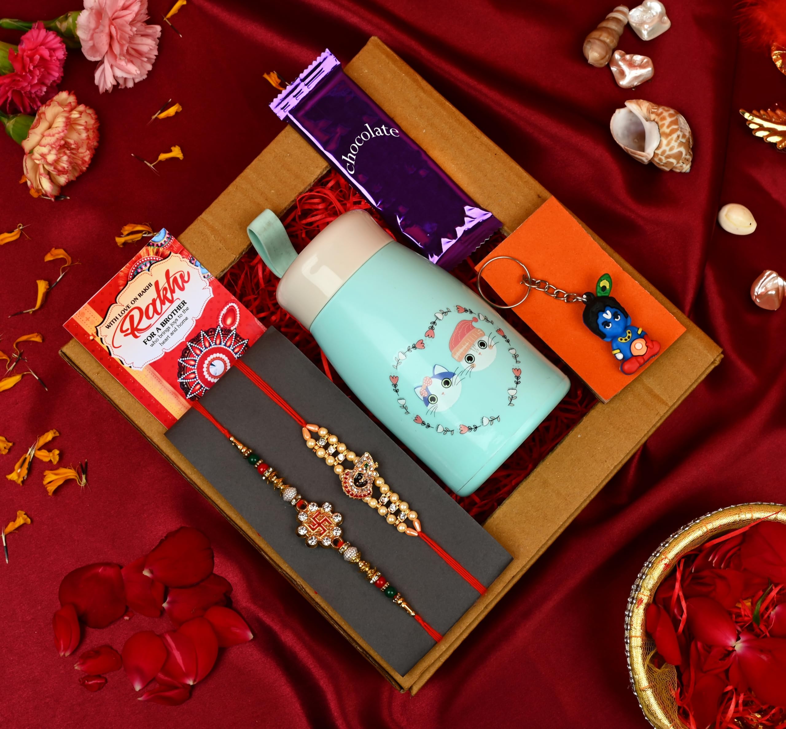 Rakhi for brother with gift combo set/rakhi gift for brother/rakhi set-2 designer rakhi+Milk chocolate+Glass water bottle+cute keychain+rakhi card-image-37