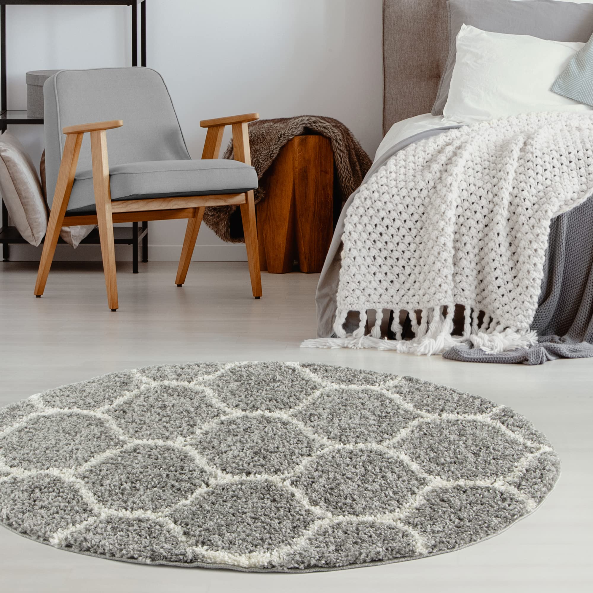 THE RUGS Soft Trellis Shaggy Rugs & Runners Grey & Ivory Living Room | Size: 120cm diameter