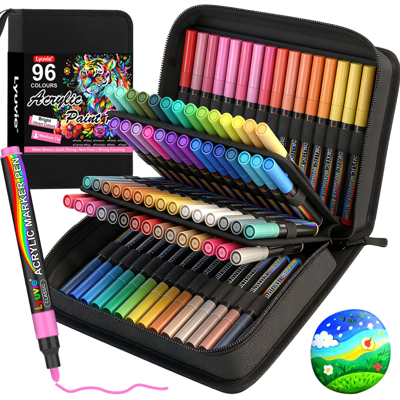 96 Colours Acrylic Paint Pens Marker Set, Water-Based Acrylic Markers for Rock Painting Glass Pebbles Fabric Stone Wood Plastic Metal Ceramic