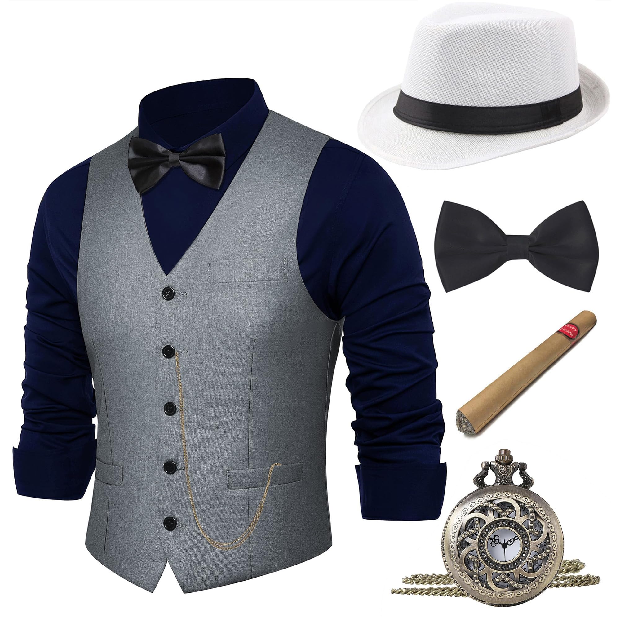 BABEYOND 1920s Mens Costume, Gatsby Gangster Costume Accessories Set For Men Vintage Vest Bowtie Pocket Watch Armbands, Gray, S โ image 1