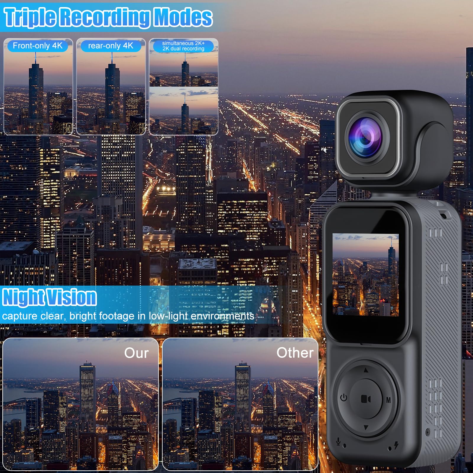 OBEST 4K Vlog Camera, Front and Rear Dual Cameras, Action Camera with 180 Degree Swivel Lens and Night Vision, Travel Camera, Sports Camera Riding, Skiing and Cycling - 5
