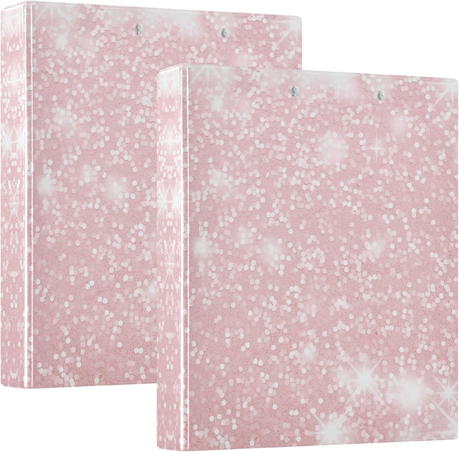 Pink Glitter Texture 3 Ring Binders, 1.5” Round Ring Binders with Clipboard - Letter Size, 3 Interior PVC Clear Pockets & Anti-Slip Clip for Office School Supplies, 2PCS