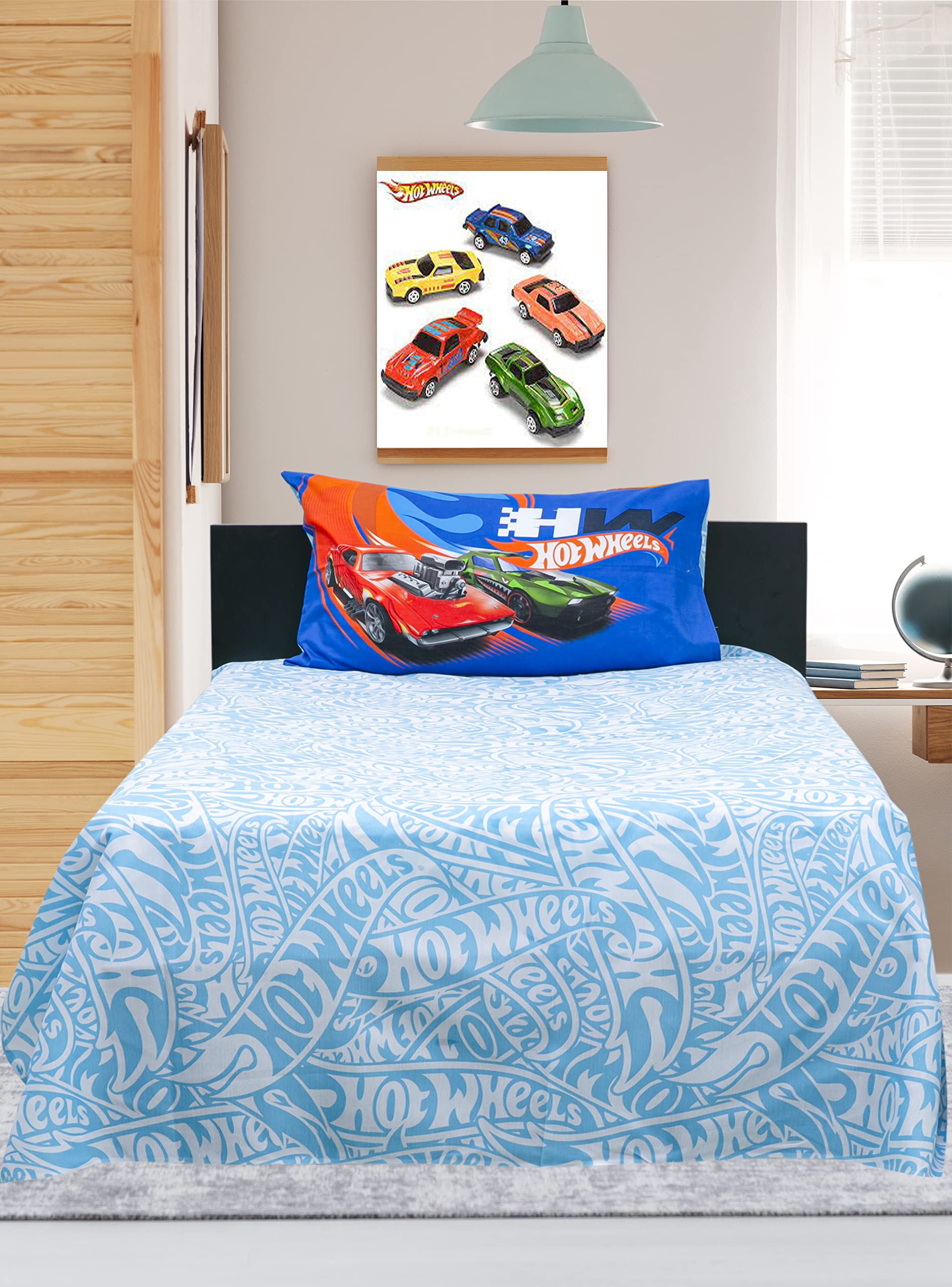 Kidz Klub Hot Wheel Bed Sheet Single 2 pcs set Fabric: 144TC Poly Cotton, Super Soft Quality Size: 160x240cm + 1 Pillowcase 50x75cm, Sheet- Sky Blue, DY_HW_BS_S, Twin