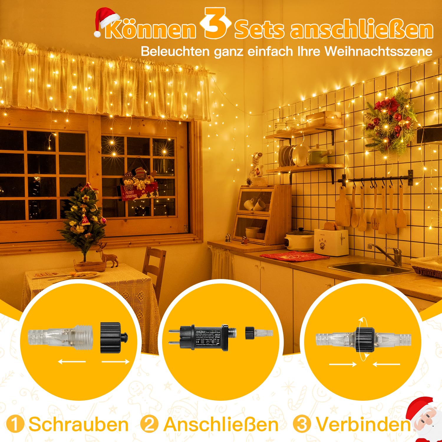 Ollny Eisregen Lichterkette Außen 15M 600 LED Warmweiß Timer dimmbar | Weihnachtsbeleuchtung Außen mit Stecker Fernbedienung Wasserdicht 8 Modi für Balkon Dachrinne Fenster Haus Geländer