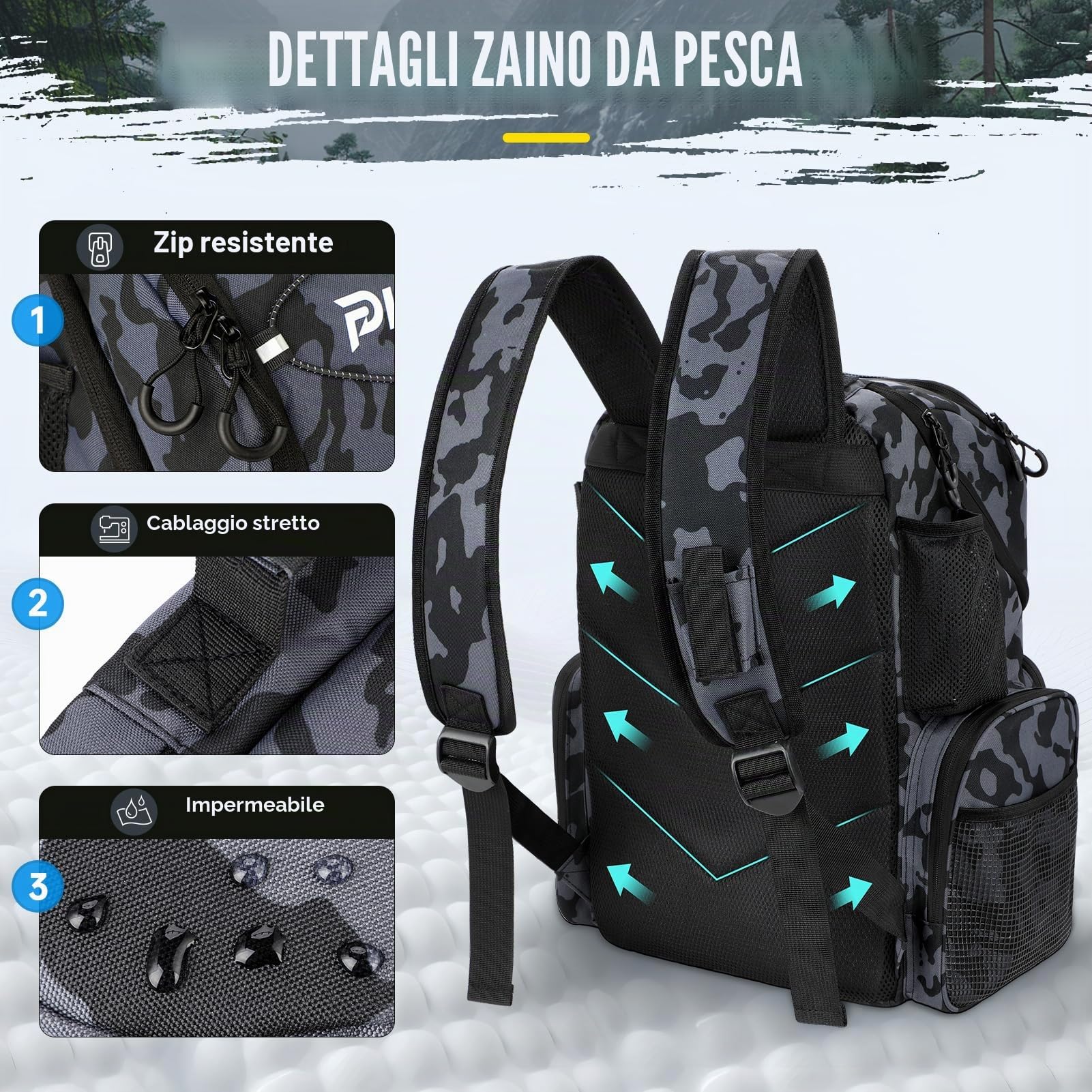 PLUSINNO Zaino da pesca impermeabile con refrigeratore, grande borsa da 45 litri, attrezzatura da pesca, per campeggio e regali