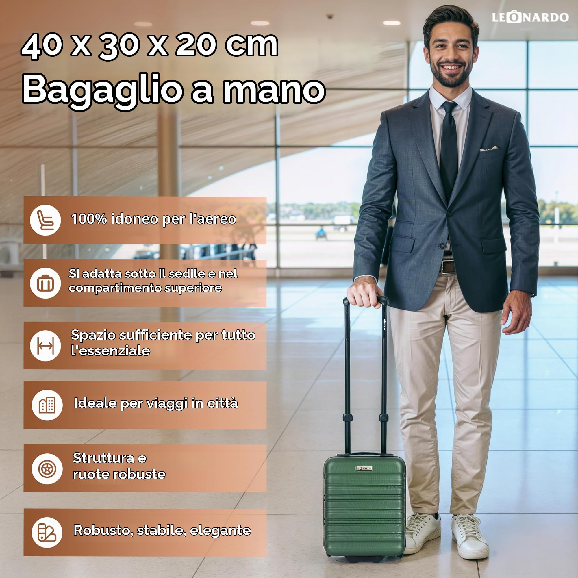 Leonardo® Valigia da Cabina Mini | Trolley Rigido 14 Pollici con Doppie Ruote | Valigia 25 Litri con Manico Trolley e Serratura | Materiale ABS Leggero | Bagaglio a Mano | 20x30x40 cm | Verde