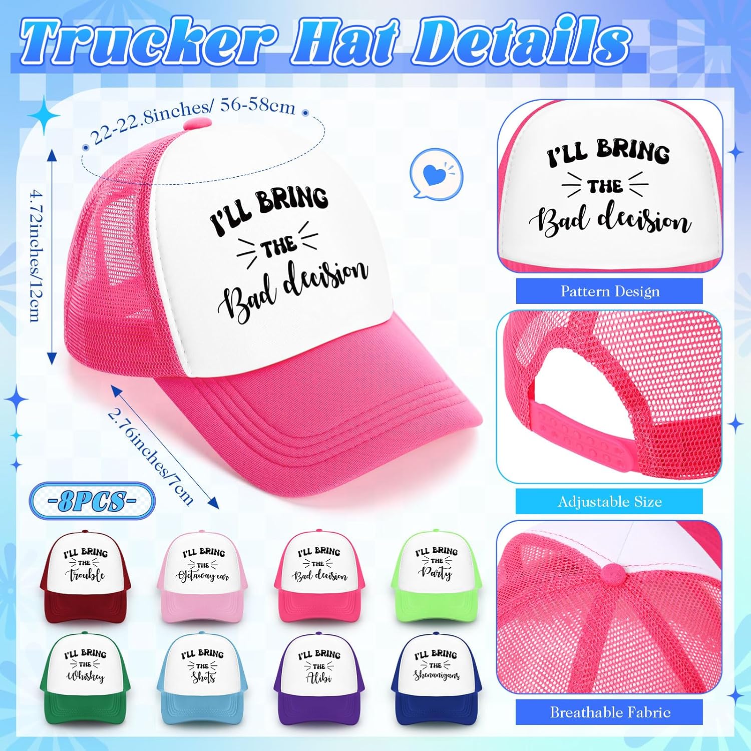 JaGely 24 Pcs Funny I'll Bring Neon Trucker Hats Holographic Fanny Packs and Heart Sunglasses Set for Women, Adjustable Group Baseball Cap for Girl Weekend Travel Hiking Bachelorette Party Supplies