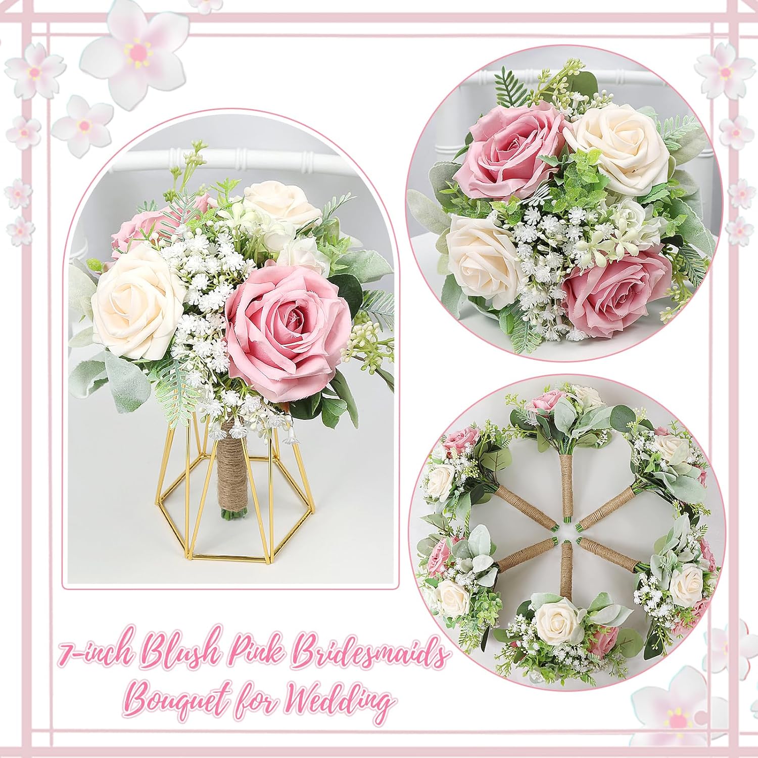 Pink Bridesmaids Bouquets Set of 6 - 7 Inch Artificial Flowers Bridesmaid Bouquet for Wedding Pre-Made Rustic Rose Small Floral Bouquets for Bridal Shower Marriage Proposal Party Anniversary Decor - Image 6