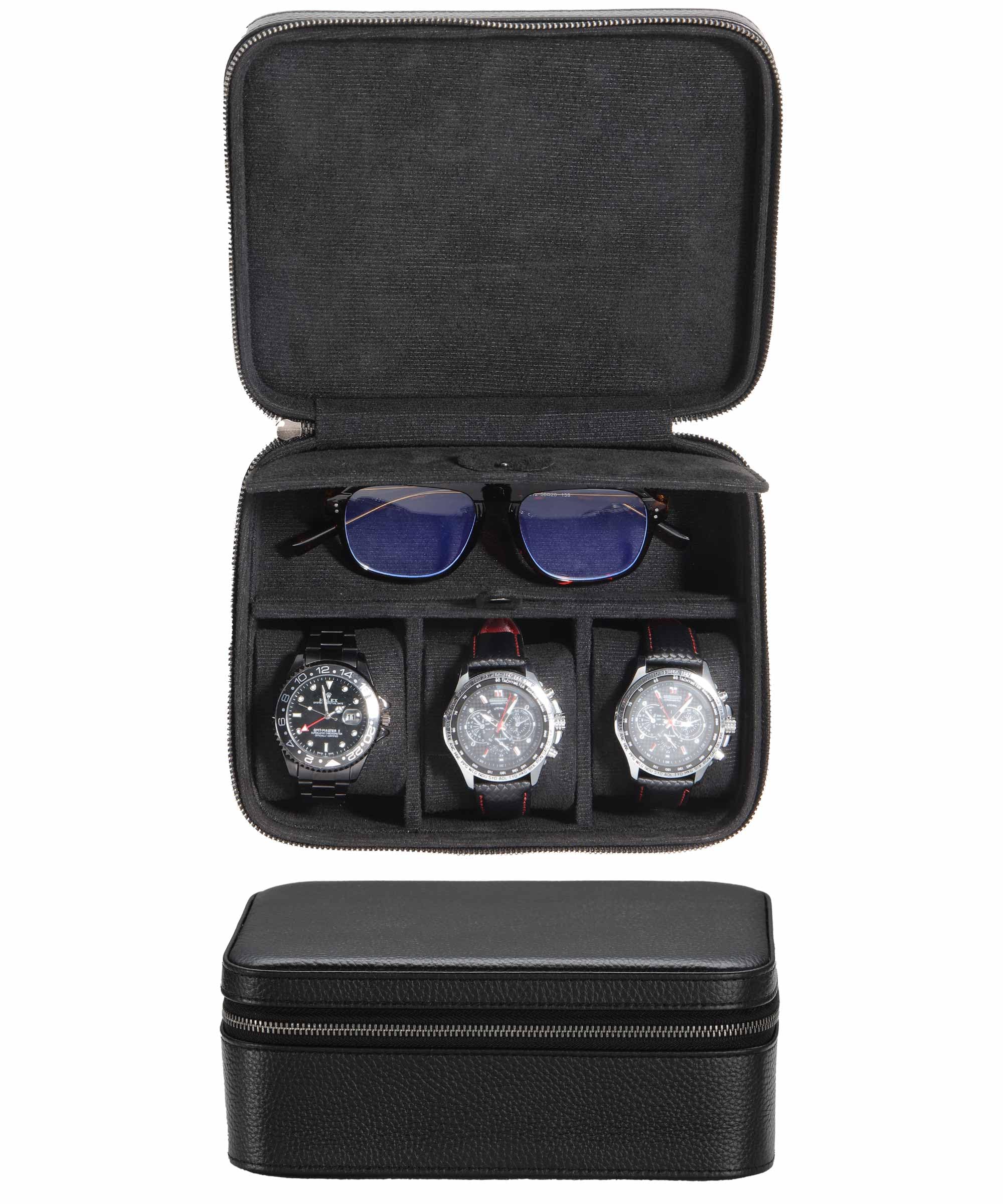 Uhrenbox aus echtem Leder für Herren, Reiseetui mit Brillenfach, Tragetasche aus genarbtem Echtleder für 3 Uhren, Uhren-Reiserolle, Reißverschluss (Schwarz)