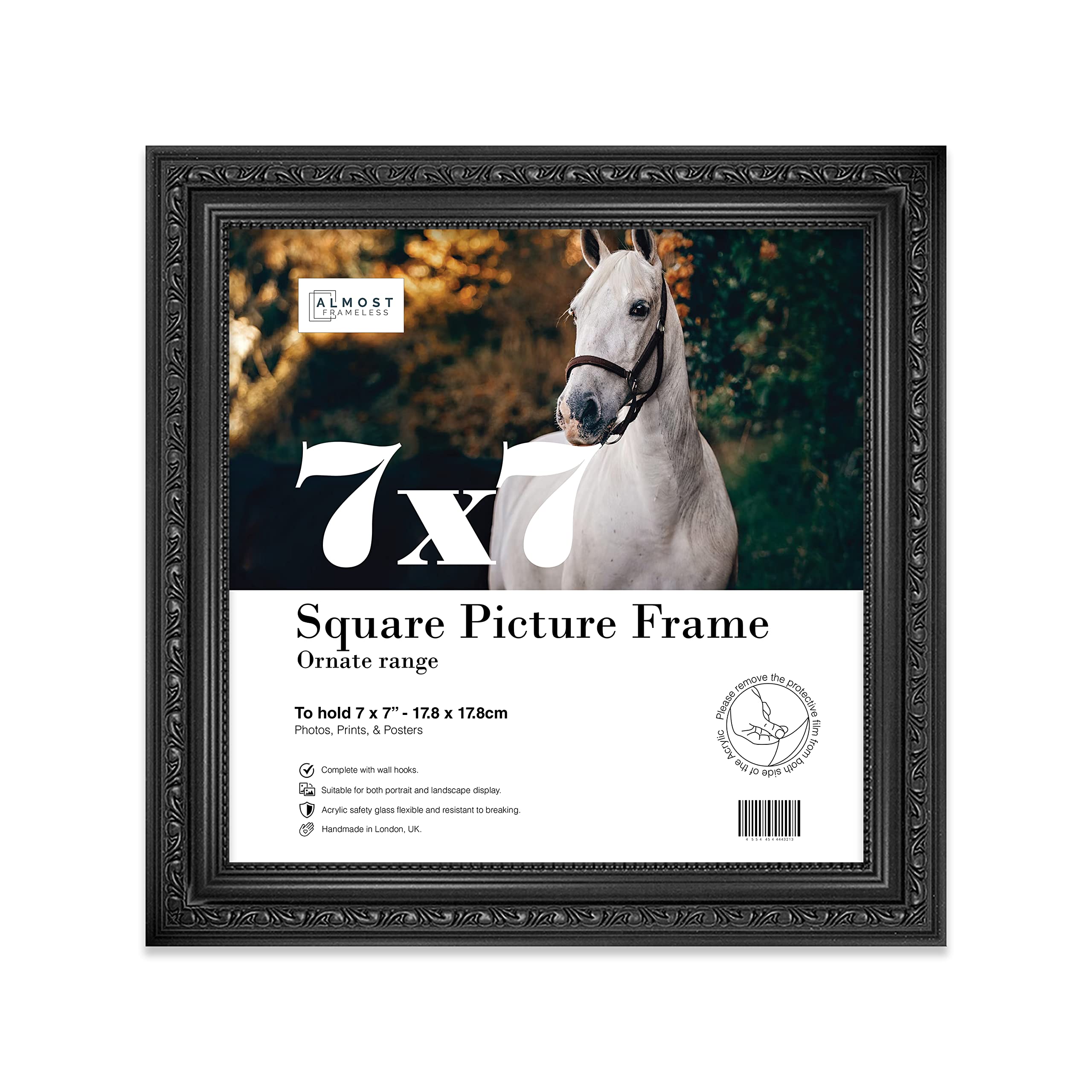 Almost Frameless 7x7 Black Ornate Picture Frame 7"x7" (17.8x17.8cm) Poster, Photo, Artwork, or Print. Opulent Style Portrait and Landscape Display with Wall Hooks
