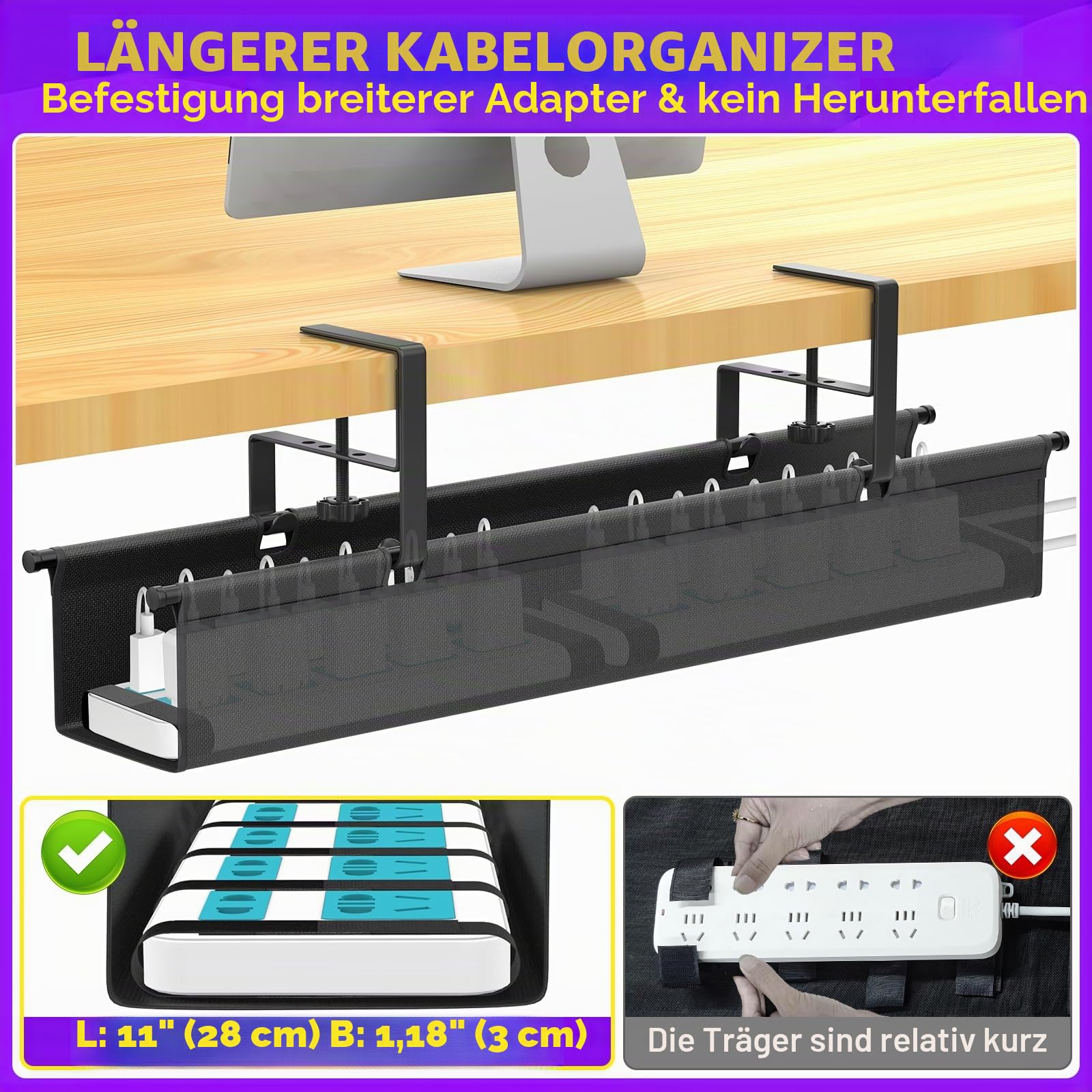 REFLYING Unter Dem Kabelkanal Schreibtisch, 74cm Cable Management Ohne Bohrung, Robuster und Flexibler Kabelmanagement, Geeignet für Büro, Zuhause und Andere Orte, Schwarz