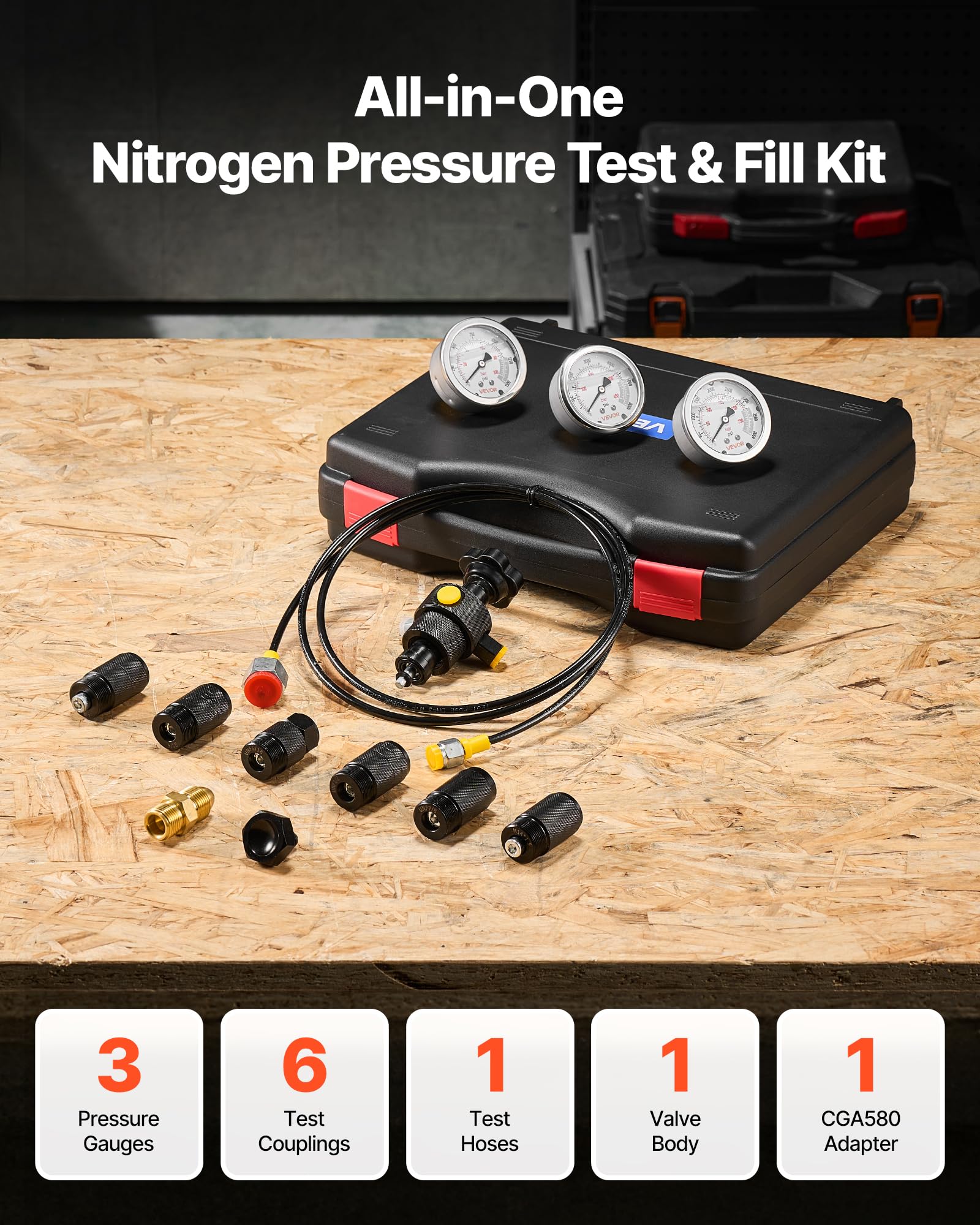 VEVOR Kit de Carga para Almacenamiento Hidráulico de Nitrógeno, Impermeable, con 3 Manómetros 103/276/414 bar, 6 Acopladores Adaptadores, 1 Manguera de Gas, 1 Válvula, 1 Adaptador CGA580, Negro