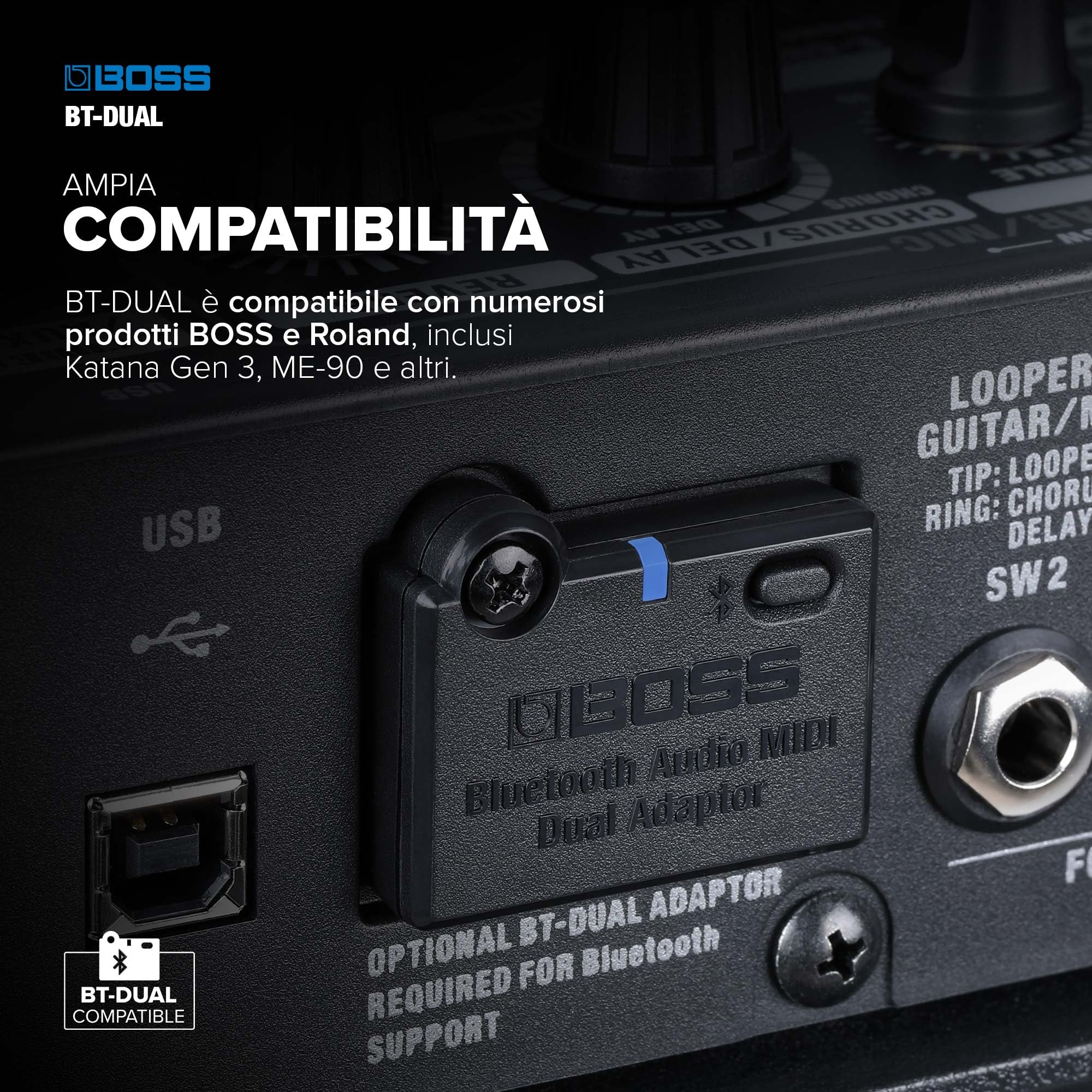 BOSS BT-DUAL | Doppio Adattatore Bluetooth Audio MIDI | Aggiunge Funzionalità Bluetooth Audio e MIDI ai Katana Gen 3, ME-90 e ad altri prodotti BOSS e Roland compatibili