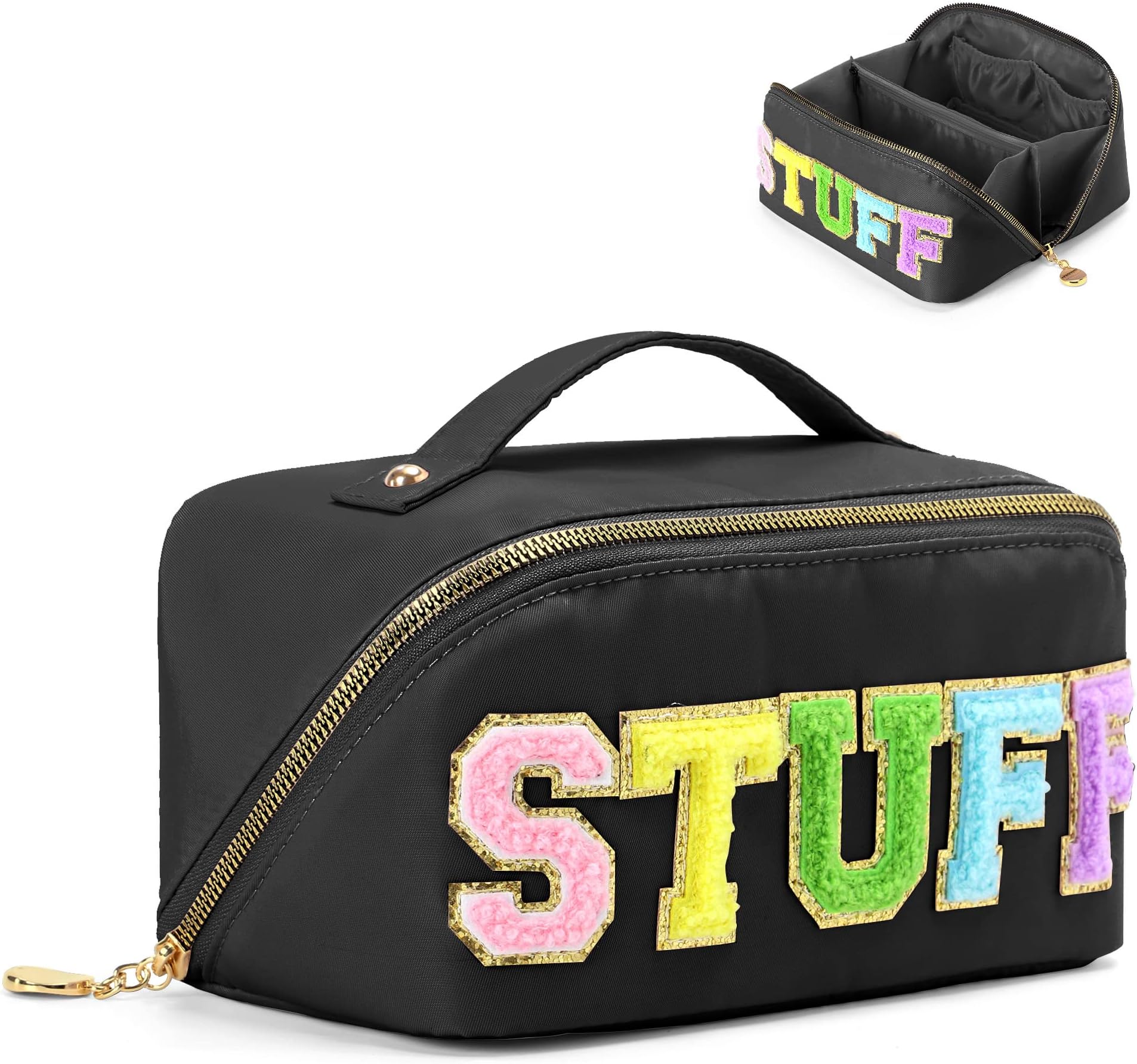 Stoney Clover Preppy Makeup Bag, Large Capacity Travel Cosmetic Bag, Chenille Letter Open Flat Nylon Stuff Makeup Bag, Preppy Patch Better Belt Everything Makeup Bag, Black
