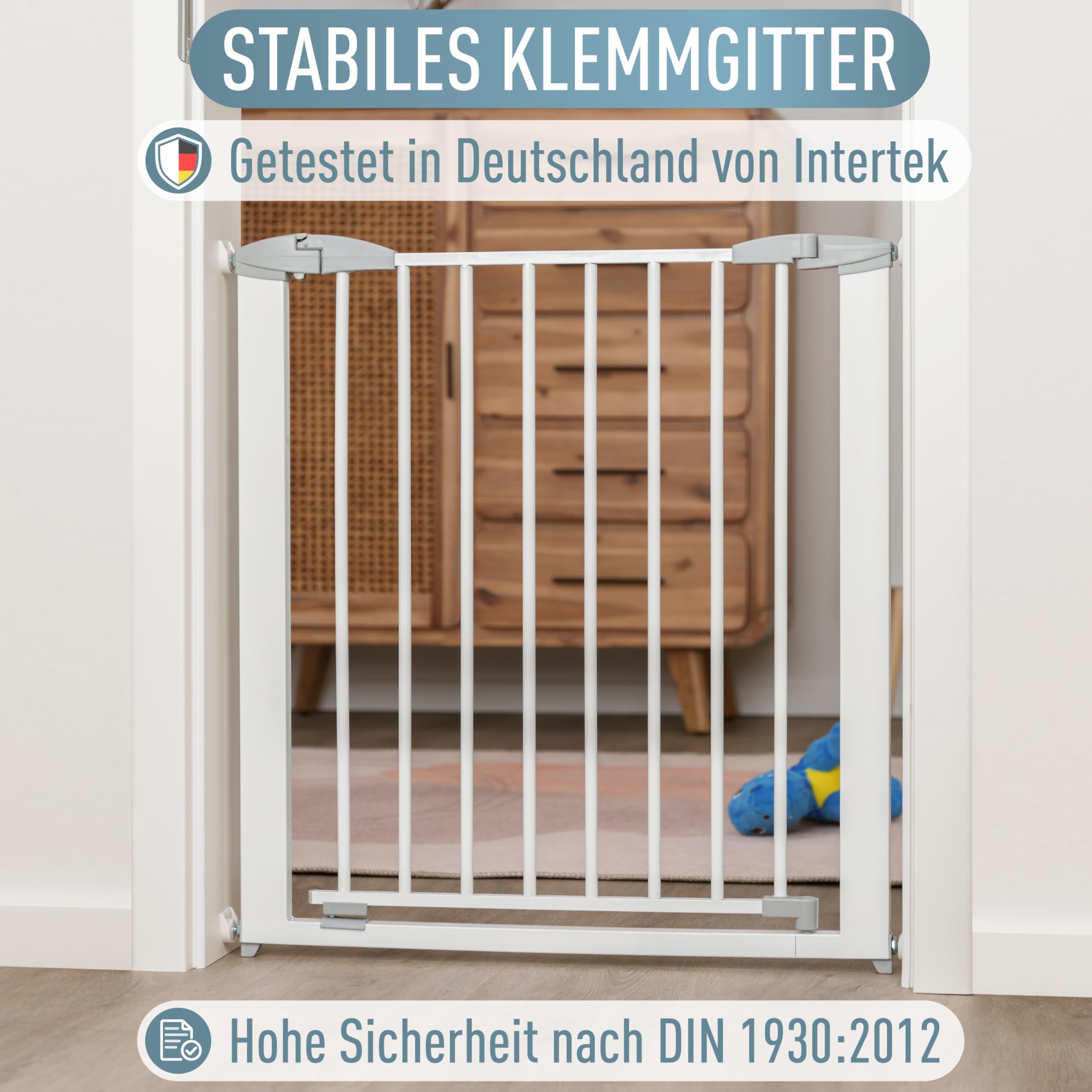 ib style Türschutzgitter Yael für Babys 73,5-81,5 cm - Ohne Bohren, Treppenschutzgitter zum Klemmen, Stabiles Schutzgitter, Hundeabsperrgitter, Sicherheitsgitter für Kinder, Metall, Weiß