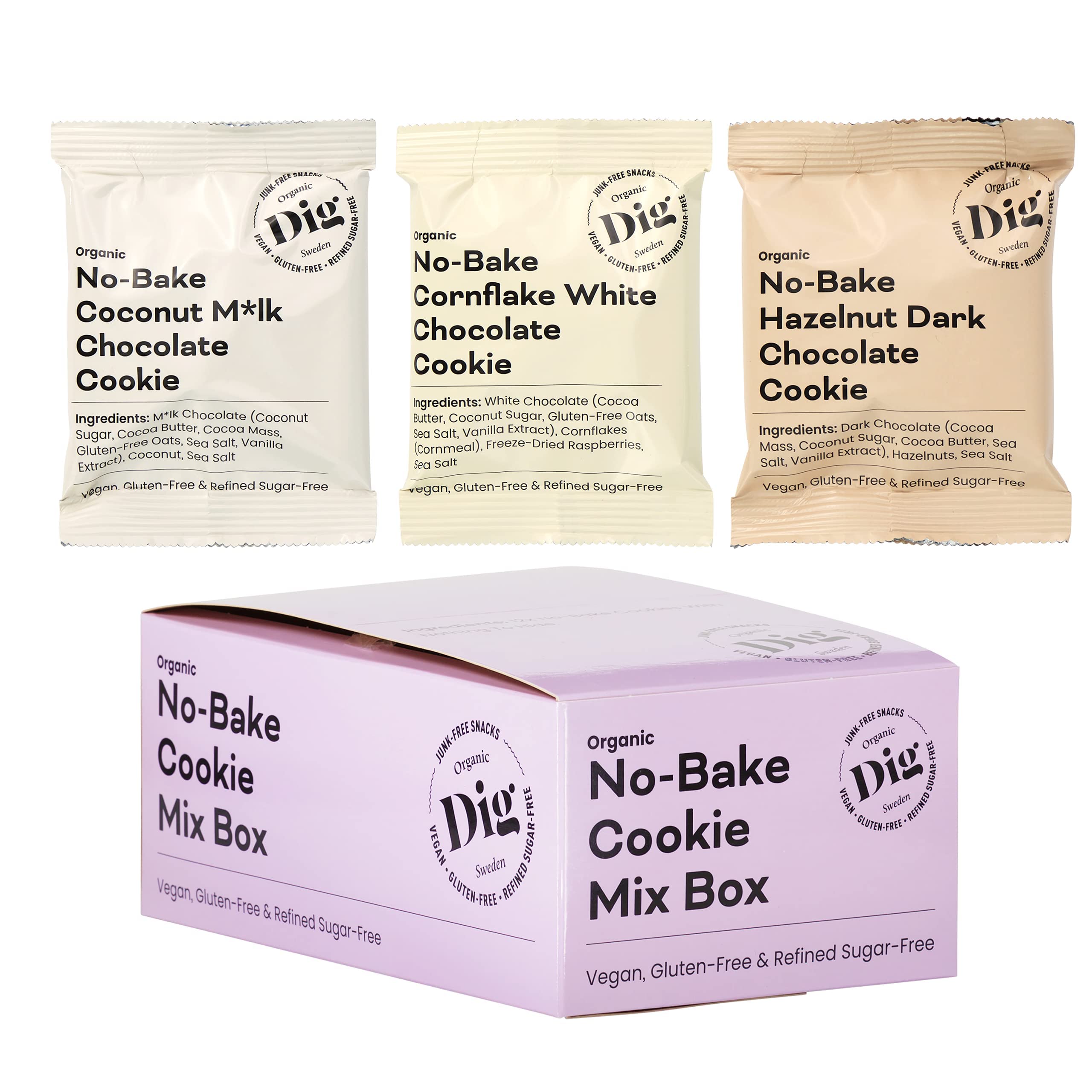 Dig/Get Raw - Caja de mezcla de galletas sin hornear - Aperitivos elaborados con ingredientes orgánicos y naturales - Vegano, sin gluten y refinado, sin azúcar (12x30g)